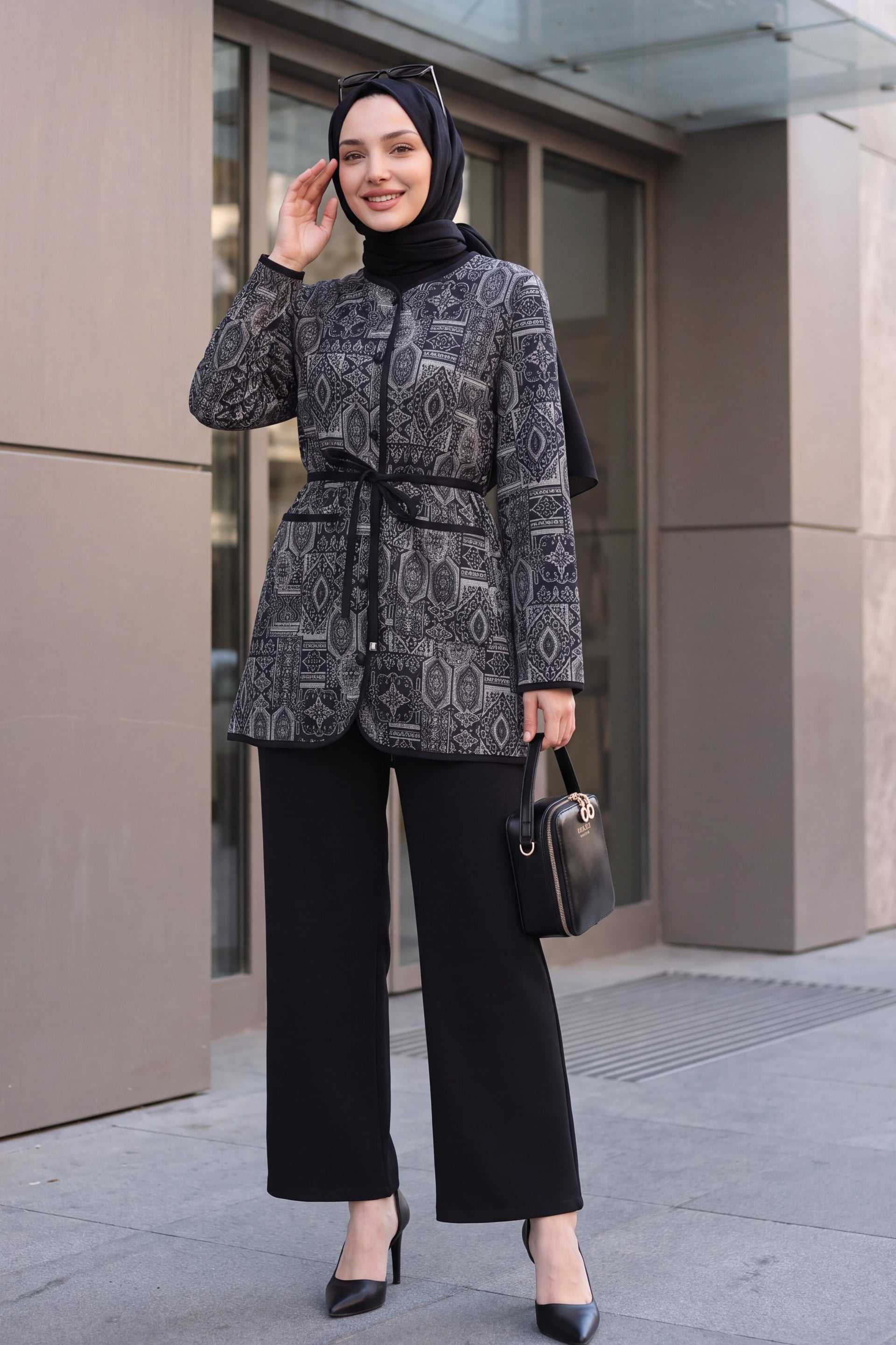Black and Grey Geometric Pattern Jacket and Trousers Set with Tie Waist - Podyumplus - by Peralane - photo 2