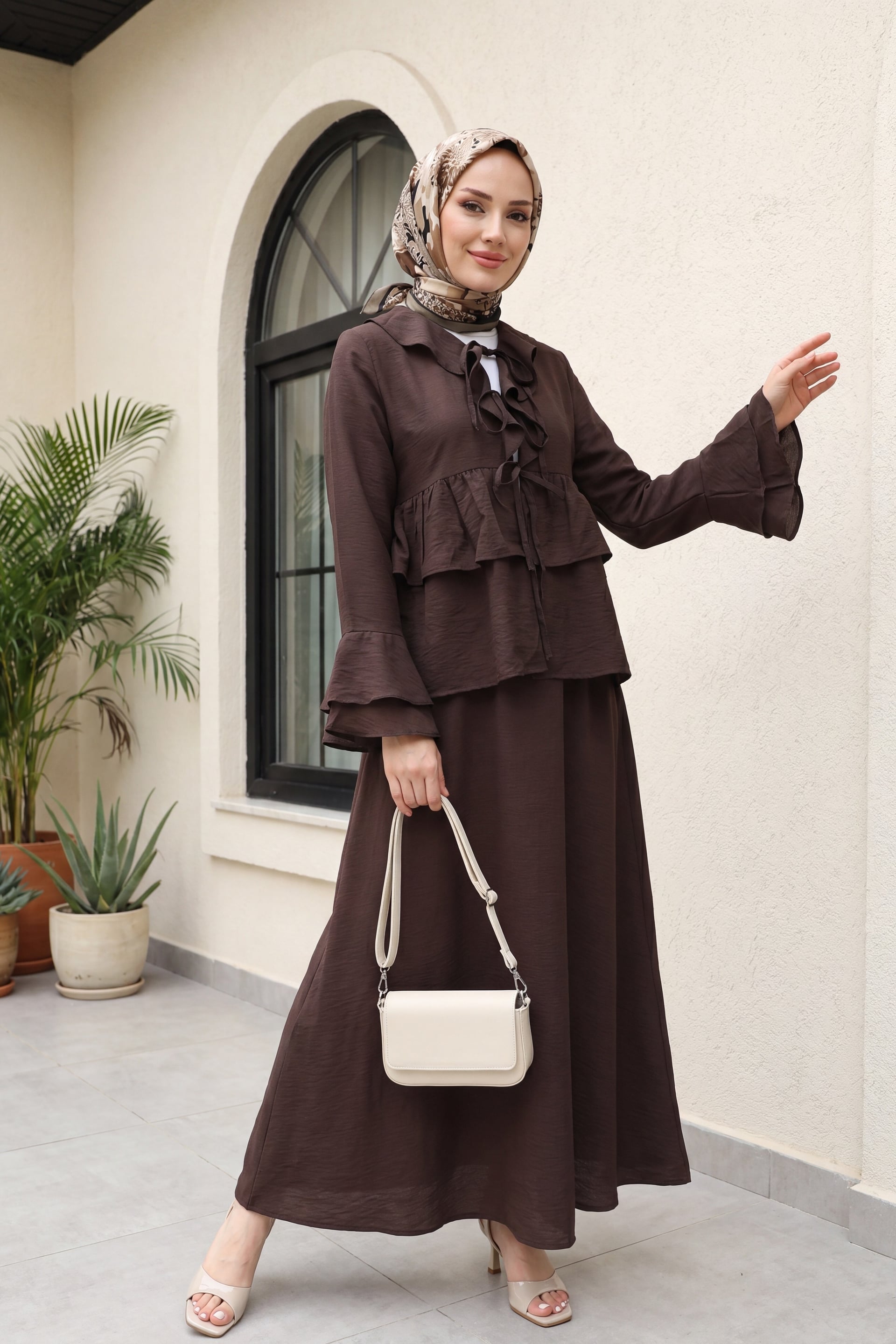 Front Tie Ruffled Spanish Sleeve Skirted Cupro Kimono Set - Dark Brown - Podyumplus - by Peralane