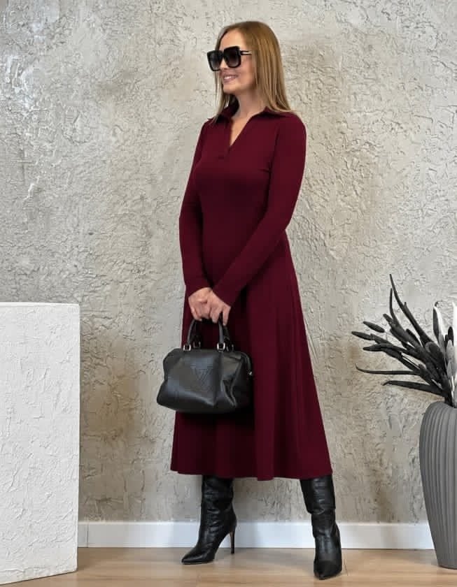 Women's Long-Sleeve Collared Midi Viscose Two-Thread Dress - Janes - by Peralane