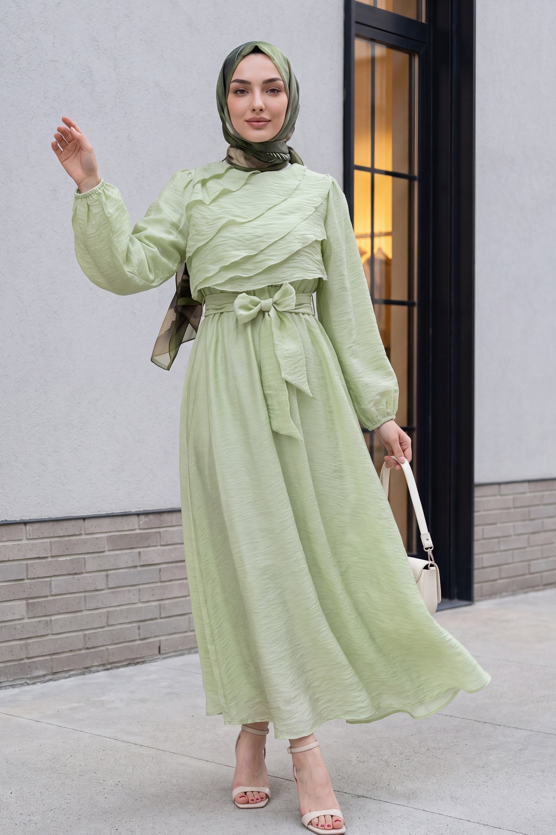 Belted Elastic Waist Balloon Sleeve Lined Chiffon Dress - Sea Green - Podyumplus - by Peralane