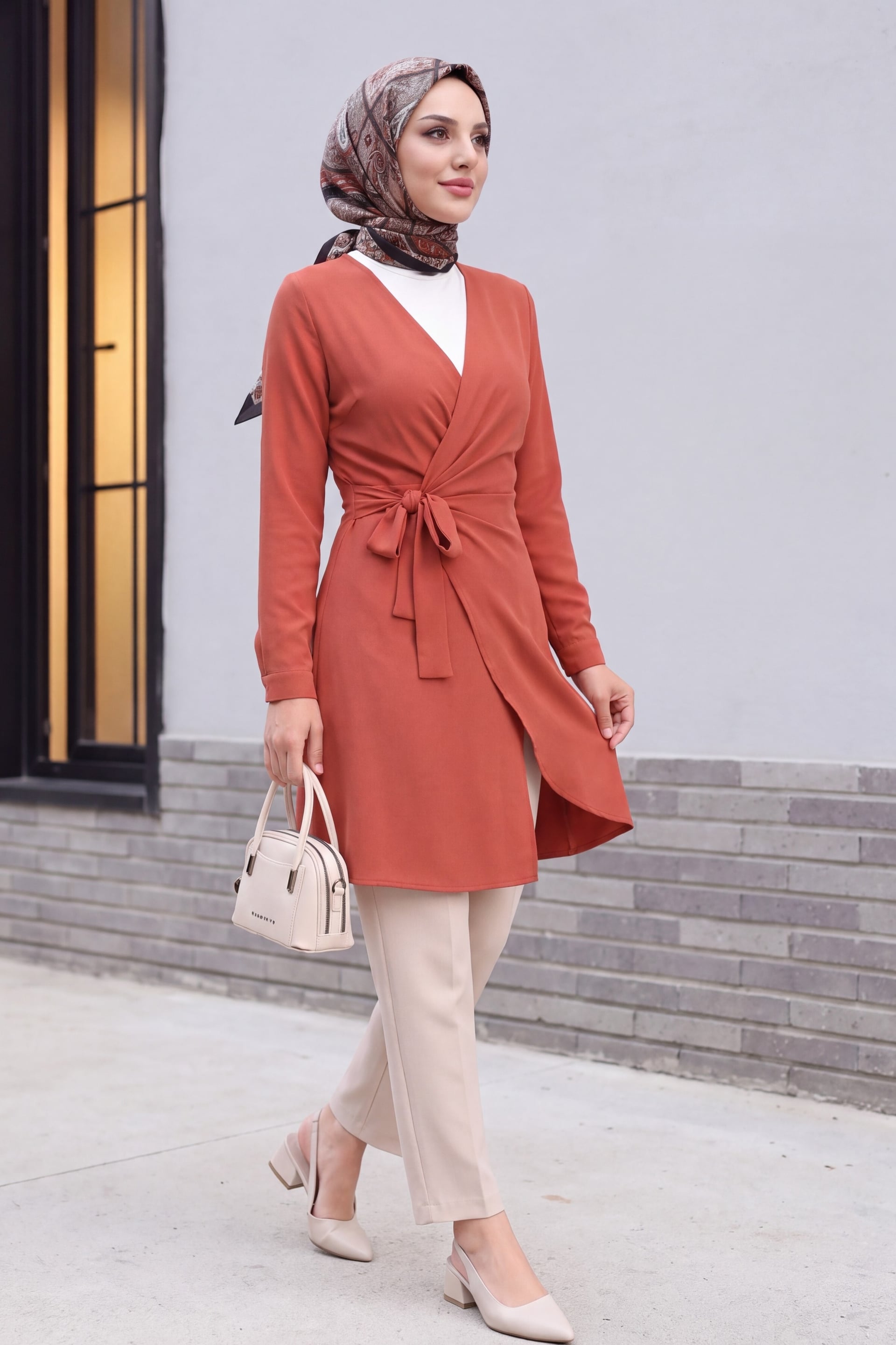 Wrap V-Neck Tie-Waist Tunic Dress in Rust - Podyumplus - by Peralane - photo 4