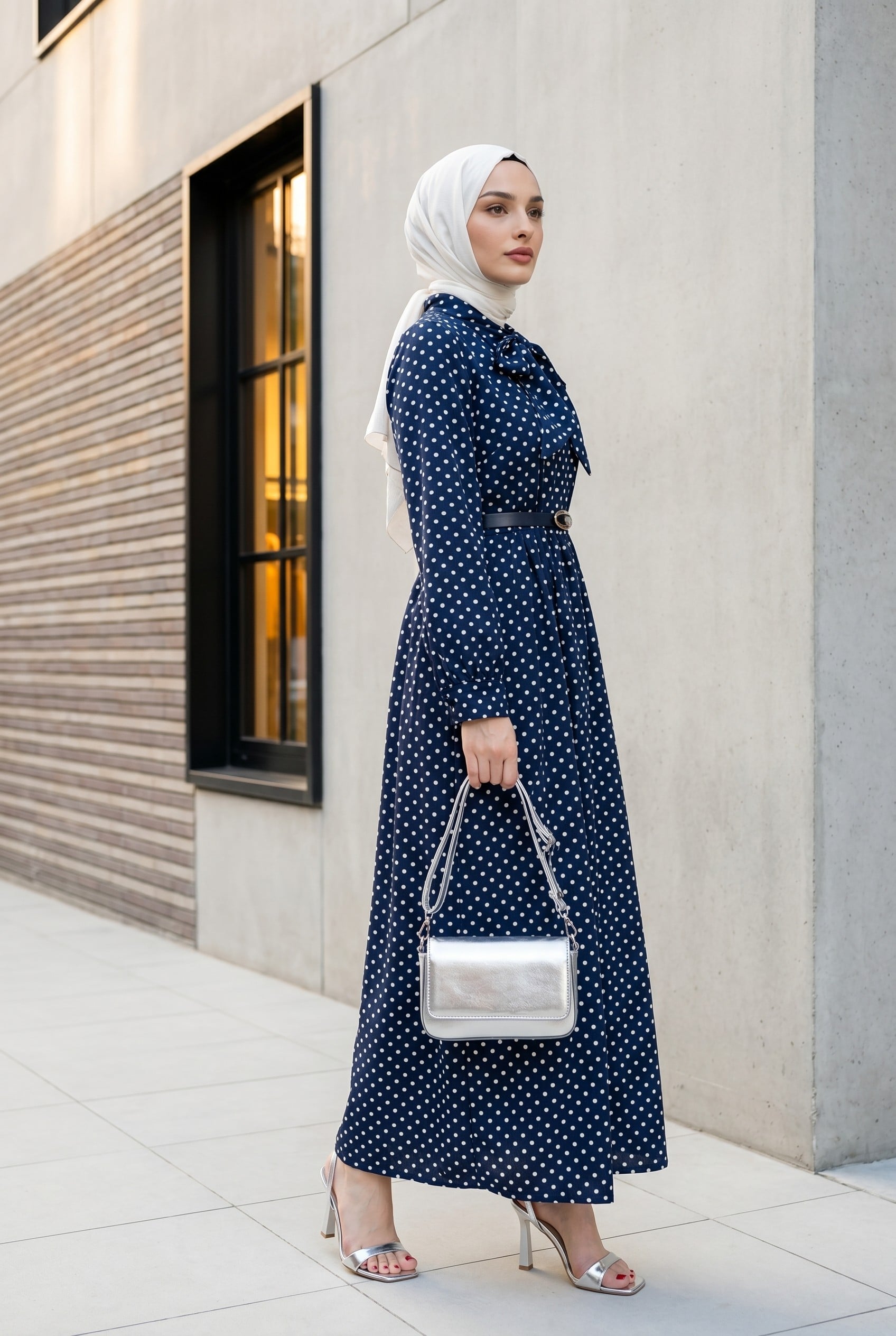 Navy Blue Polka Dot Viscose Dress with Tie Neck and Belted Waist - Podyumplus - by Peralane - photo 6