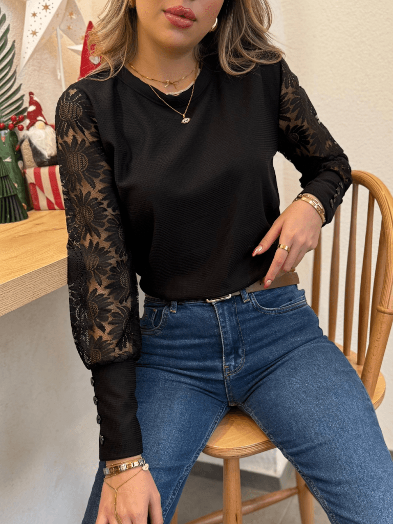 Women's Black Long Sleeve Crew Neck Waffle Blouse with Floral Lace Sleeves - Janes - by Peralane - photo 11
