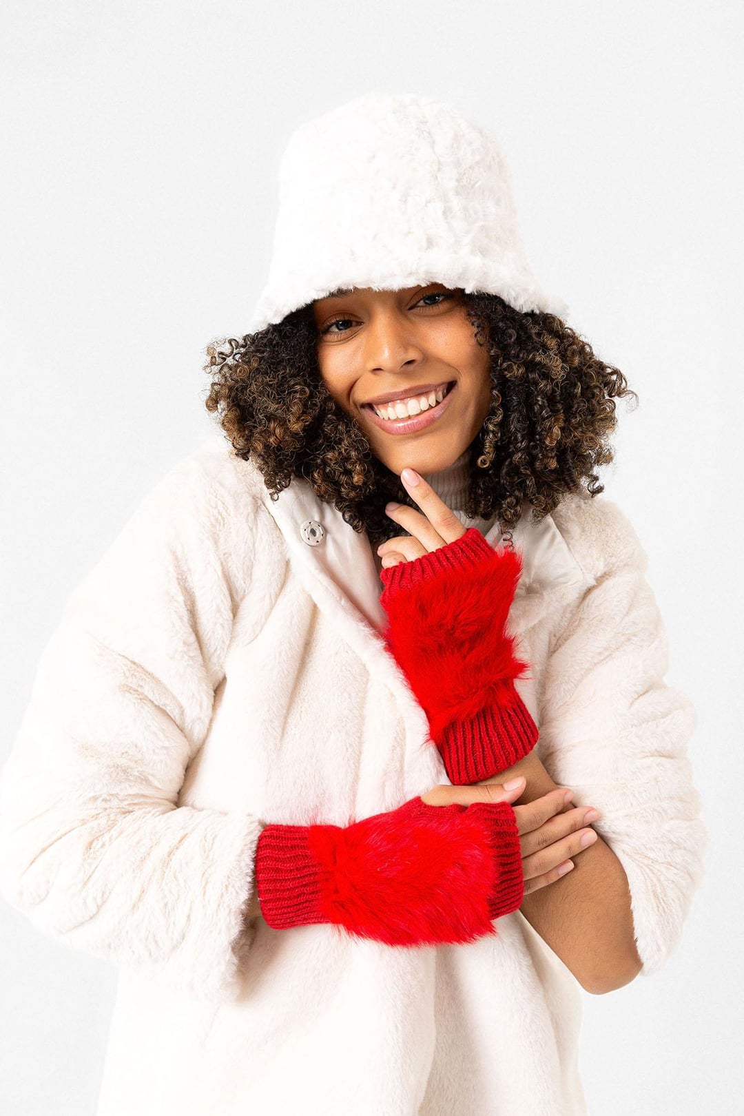 Fingerless Gloves with Faux Fur Trim - Bright Red - Nesvay - by Peralane