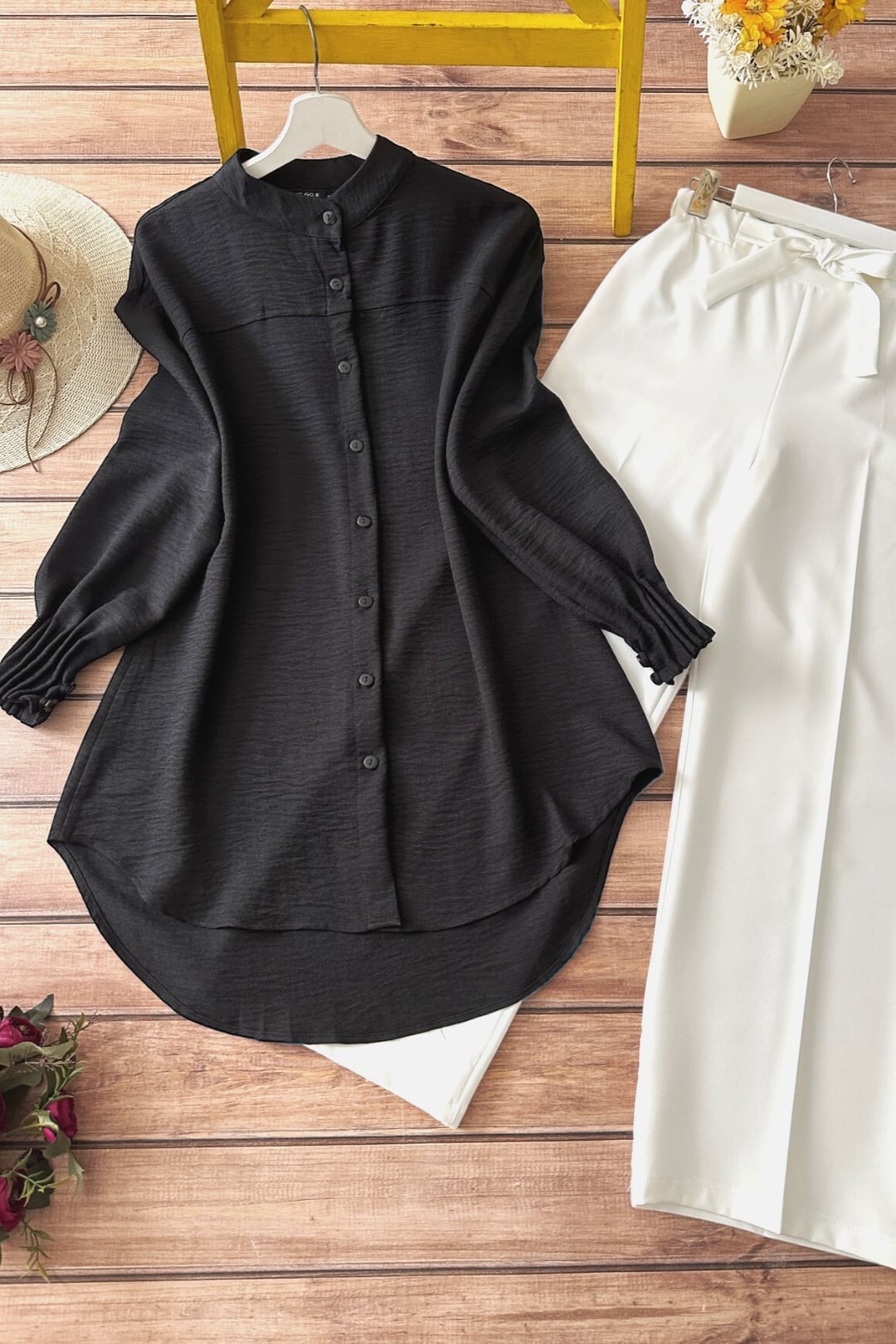 Oval Cut Shirt with Draped Cuff - Black - Podyumplus - by Peralane - photo 9