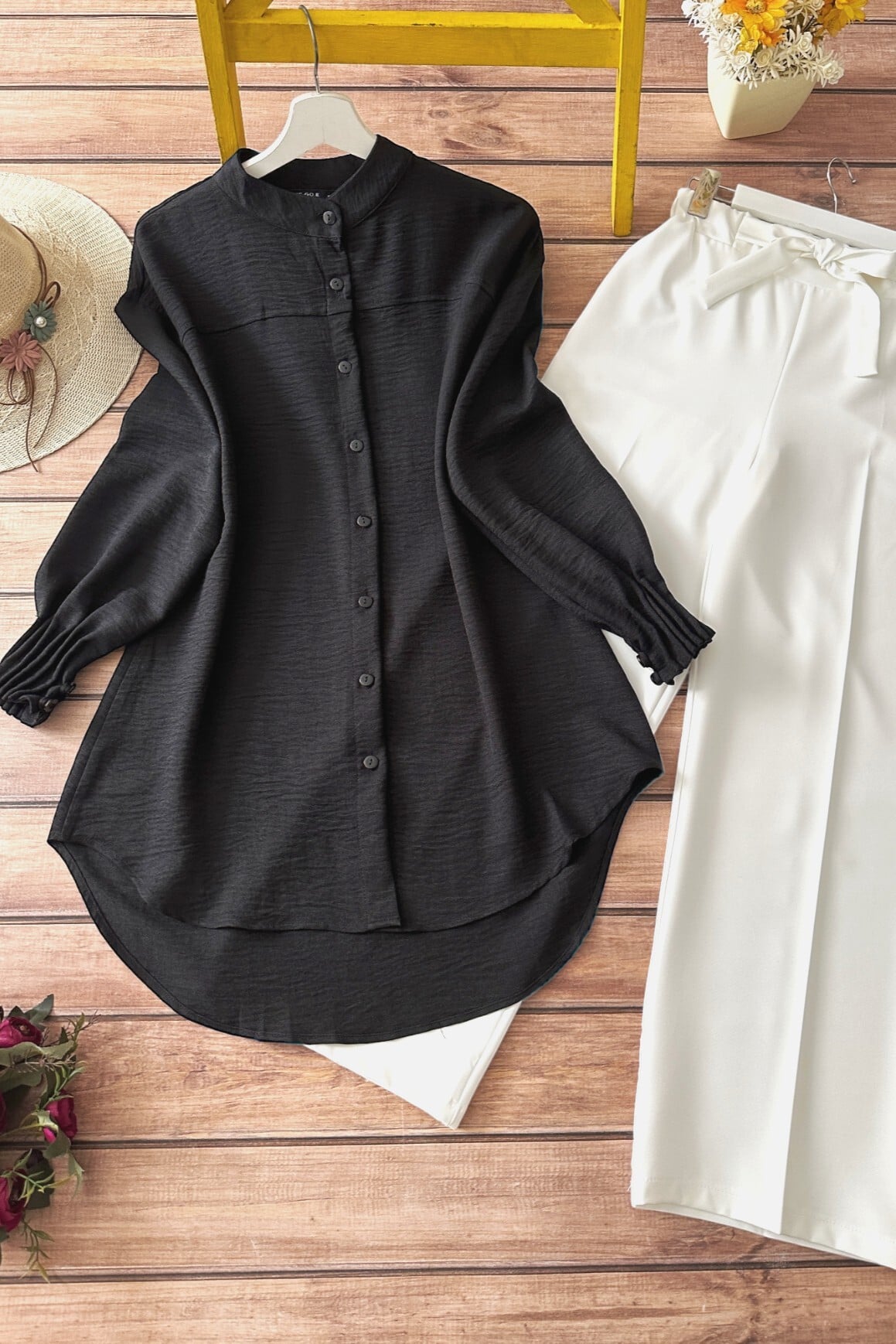 Oval Cut Shirt with Draped Cuff - Black - Podyumplus - by Peralane - photo 9