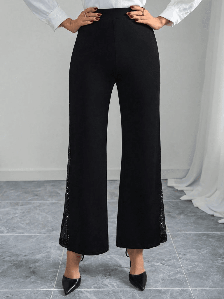 Women's High Waist Wide Leg Trousers with Tulle Side Details, Black - Janes - by Peralane - photo 4