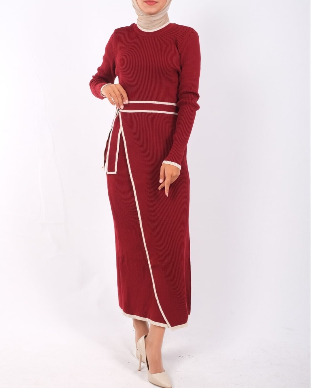 Side-Wrap Ribbed Knit Dress with Skirt Detail - Wine - Podyumplus - by Peralane - photo 3