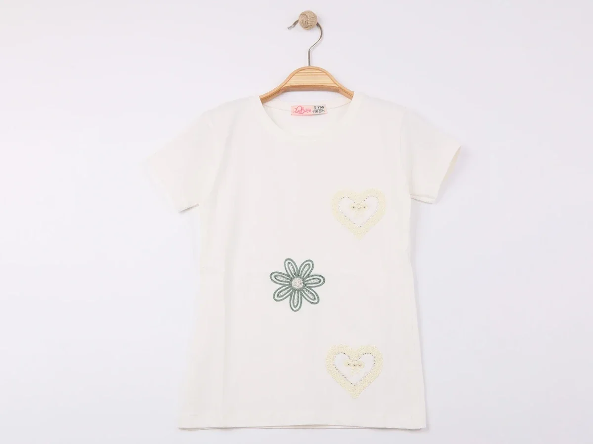 Girls' Embellished Heart Appliqué T-Shirt - White (Pack of 4) - Elsa - by Peralane
