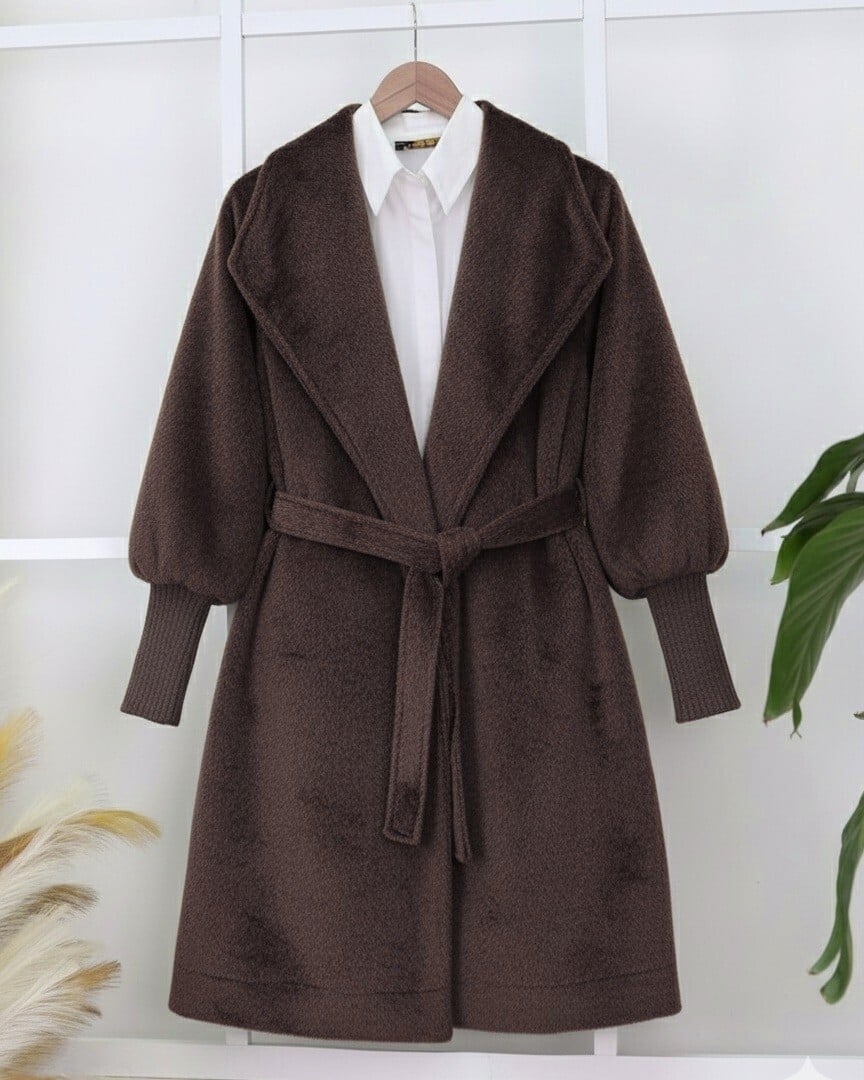 Ribbed Cuff Shawl Collar Lined Melton Coat - Dark Brown - Podyumplus - by Peralane - photo 5