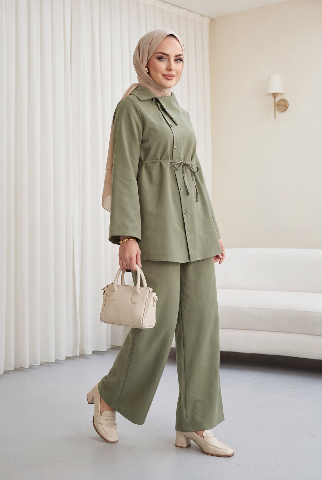 Side Collar Buttoned Belted Modal Co-ord Set - Olive Green - Podyumplus - by Peralane - photo 5