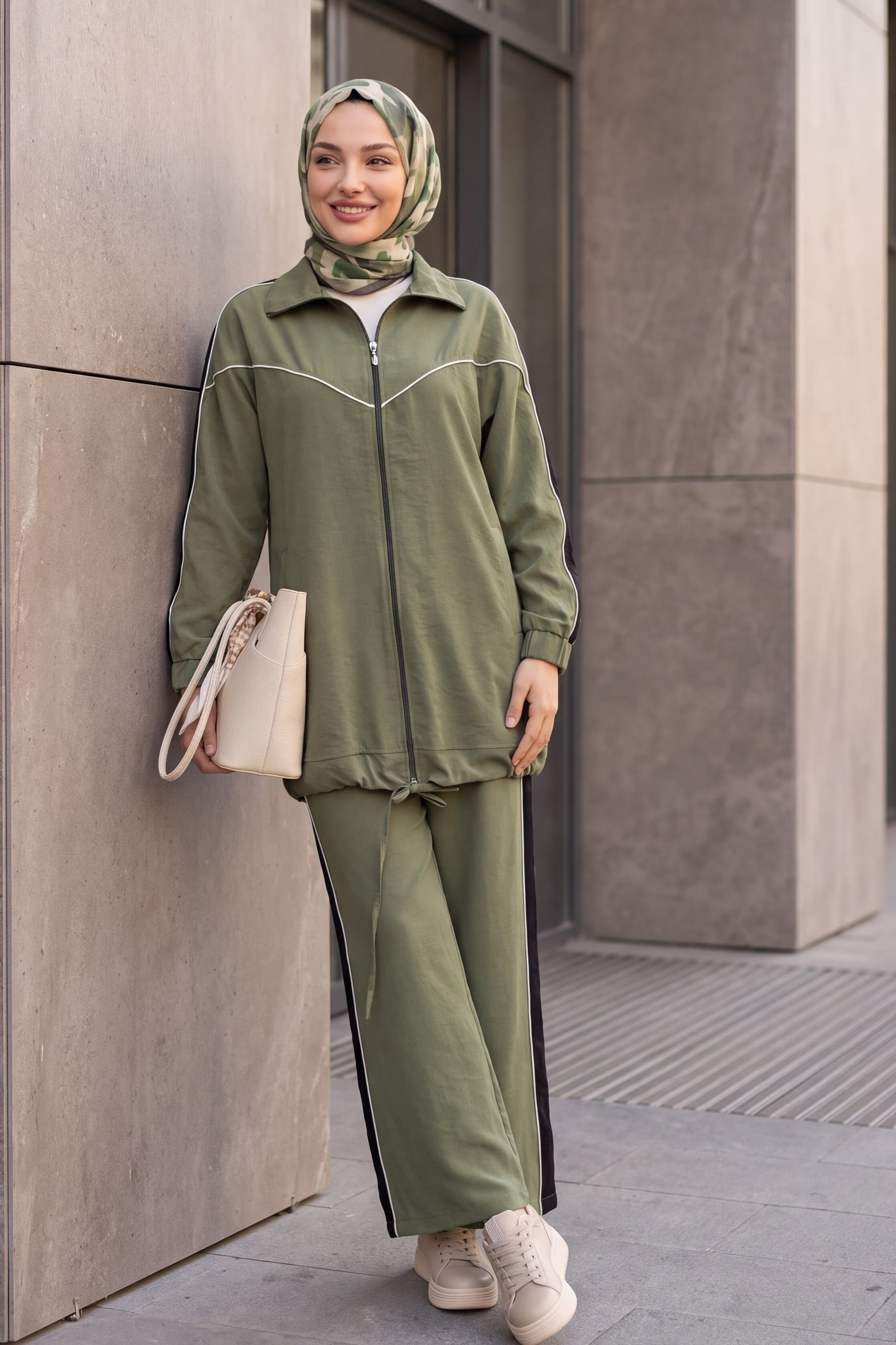 Striped Zip-Up Tracksuit Set with Laced Skirt and Pants - Olive Green - Podyumplus - by Peralane - photo 4