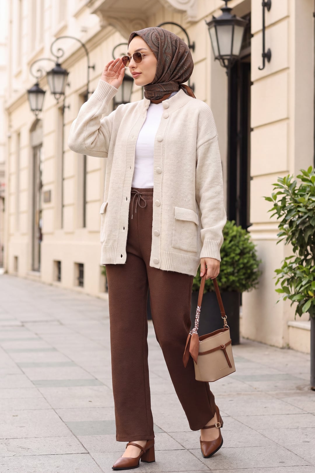 Cream Crew Neck Button-Front Knit Cardigan with Pockets - Podyumplus - by Peralane - photo 2