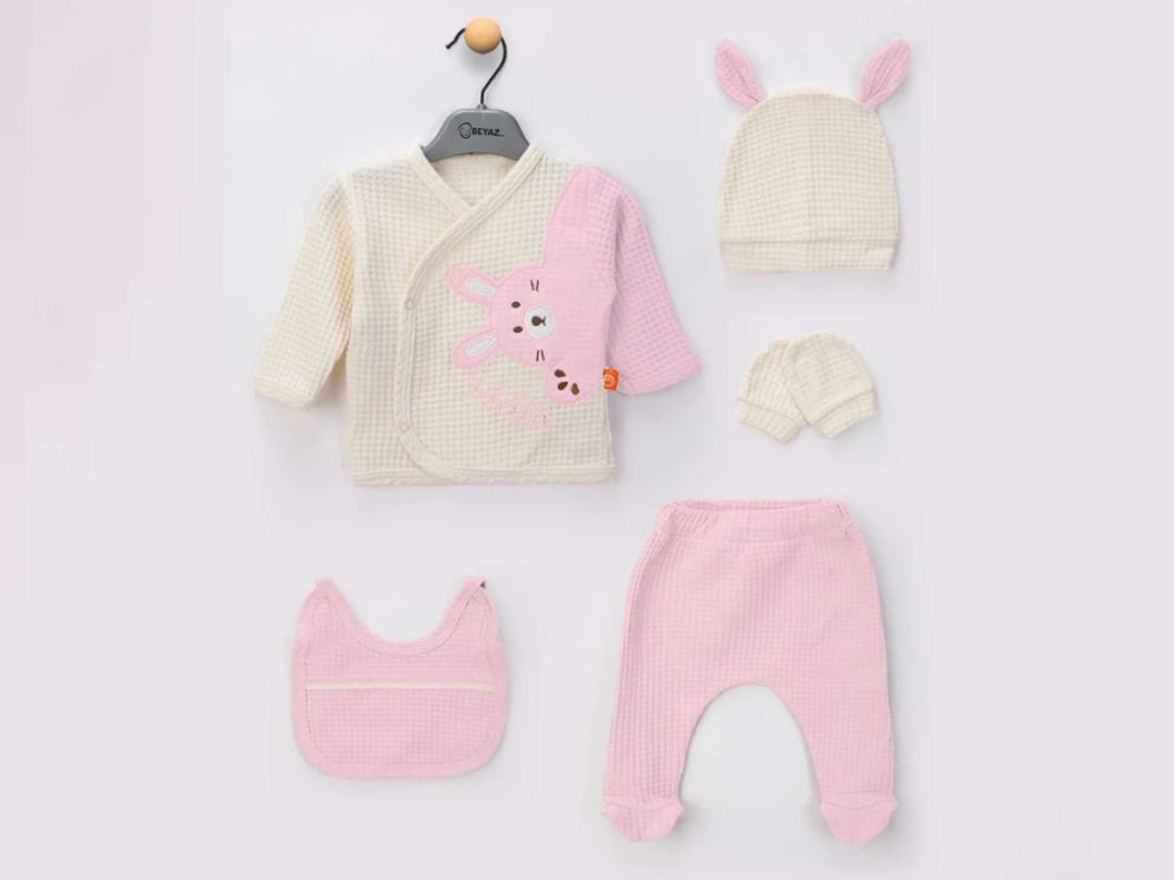 Newborn 5-Piece Hospital Exit Set with Bunny Embroidery - Pink - Beyaz Bebek - by Peralane