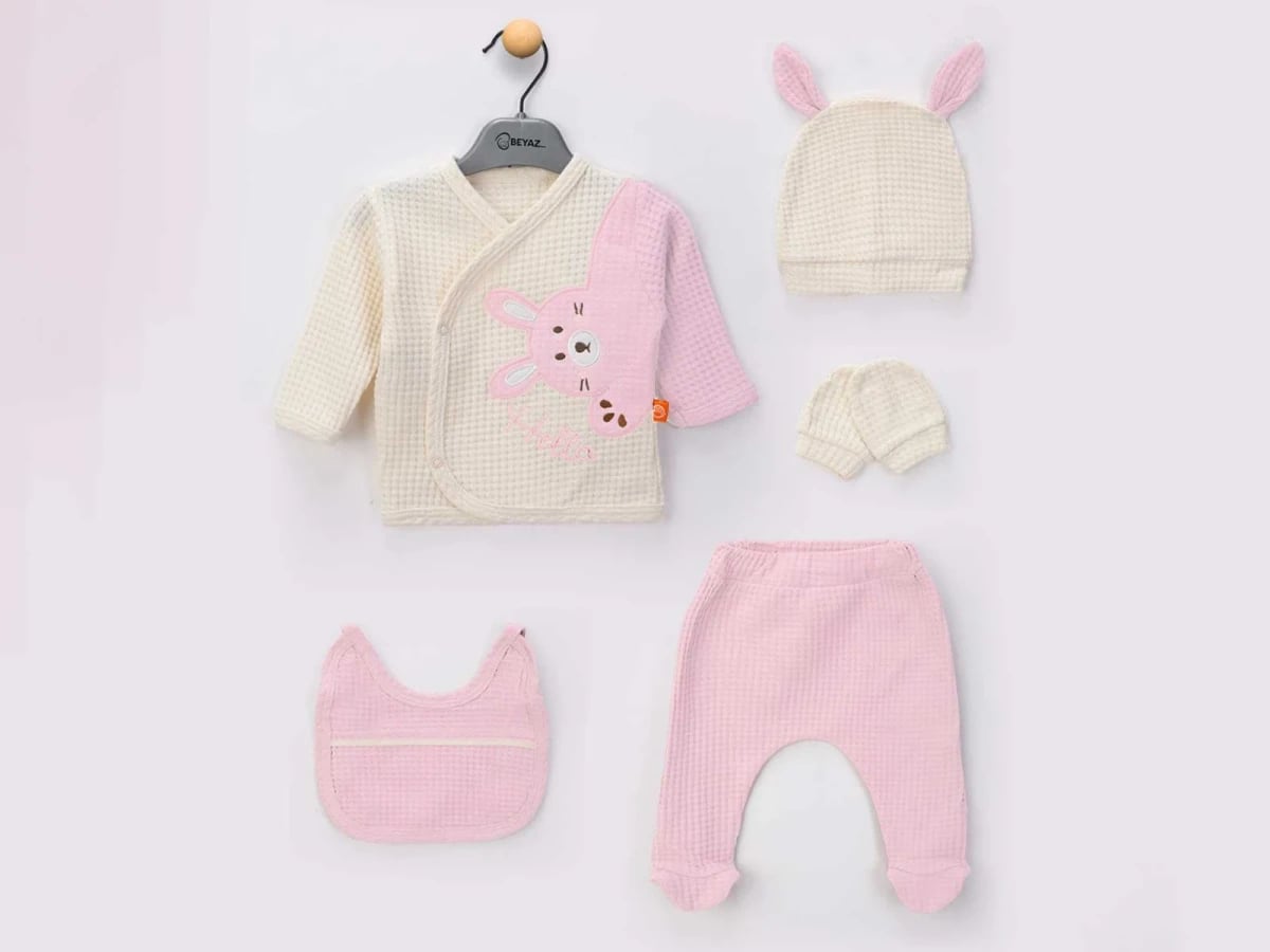 Newborn 5-Piece Hospital Exit Set with Bunny Embroidery - Pink - Beyaz Bebek - by Peralane