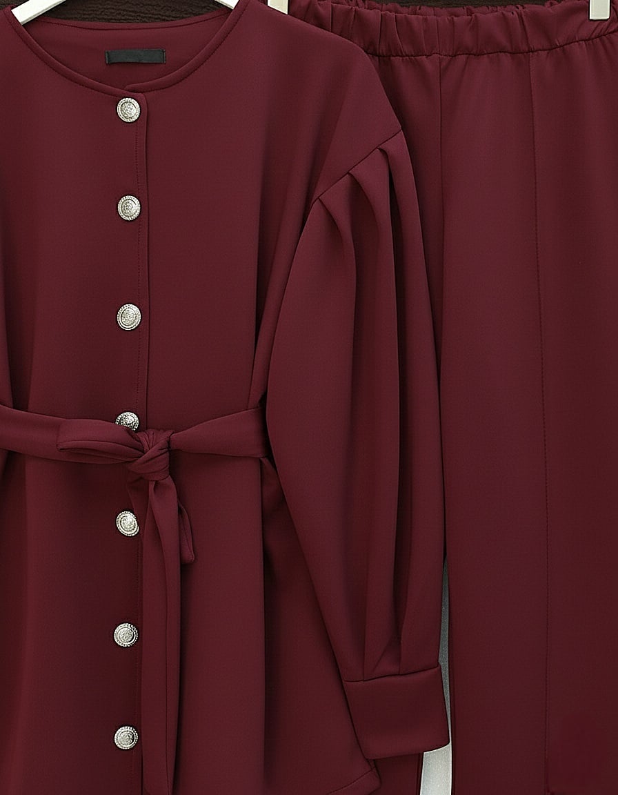 Women's Belted Scuba Two-Piece Set with Buttoned Top and Wide-Leg Pants - Burgundy - Podyumplus - by Peralane - photo 7