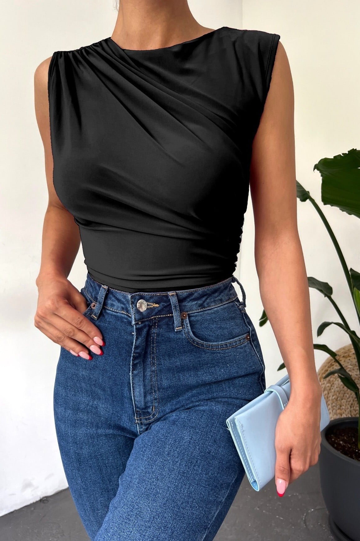 Black Sleeveless Ruched Scoop Neck Blouse - Podyumplus - by Peralane - photo 2