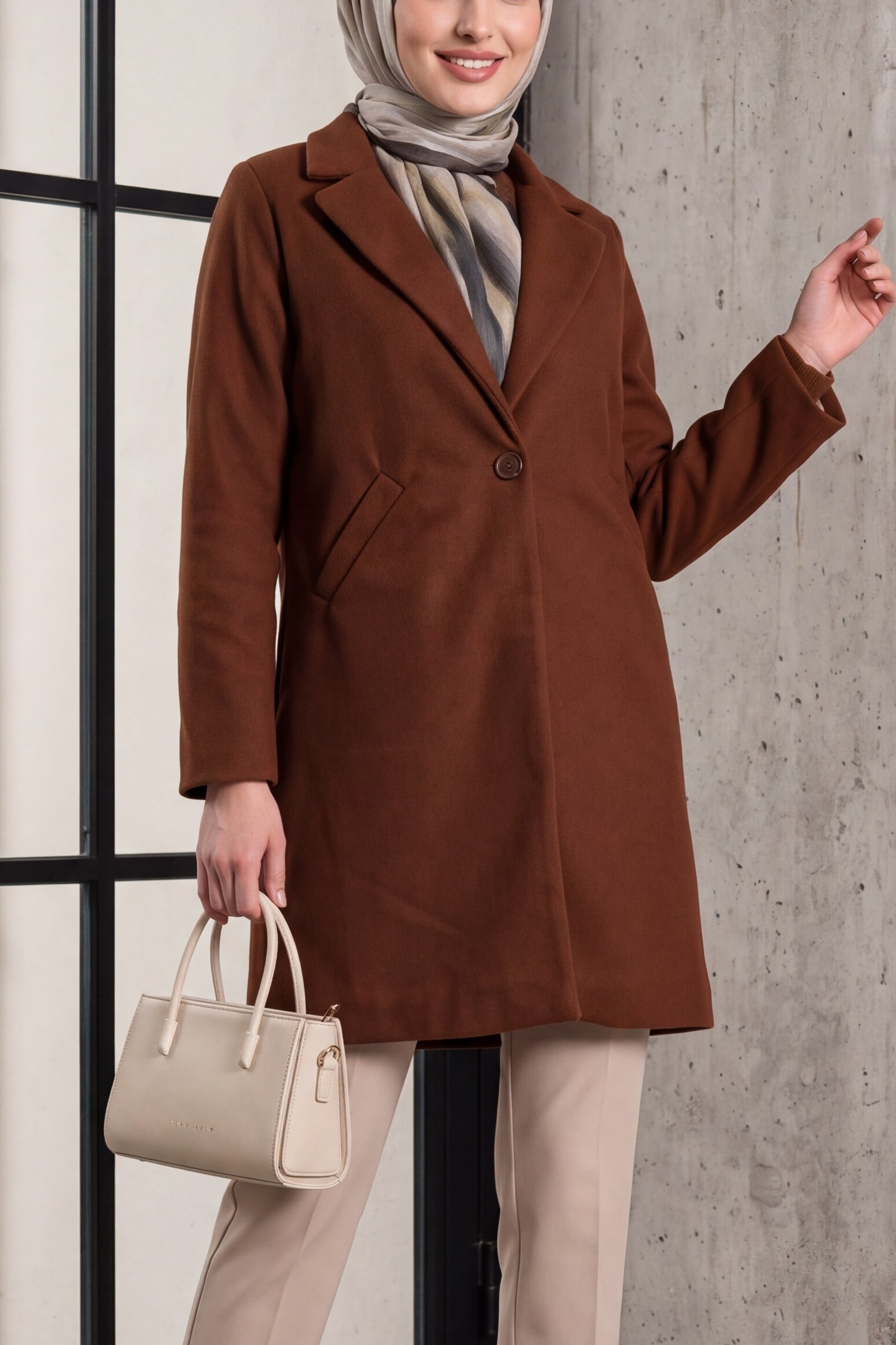Solid Brown Double-Breasted Coat for Women - Bigdart - by Peralane