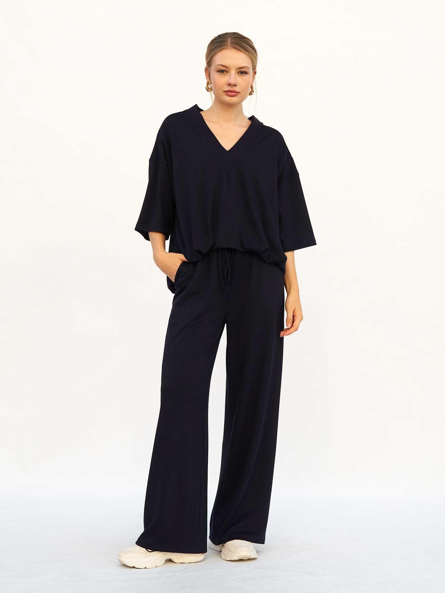 Navy Blue V-Neck Knit Blouse and Drawstring Trousers Loungewear Set - Lefon - by Peralane - photo 2