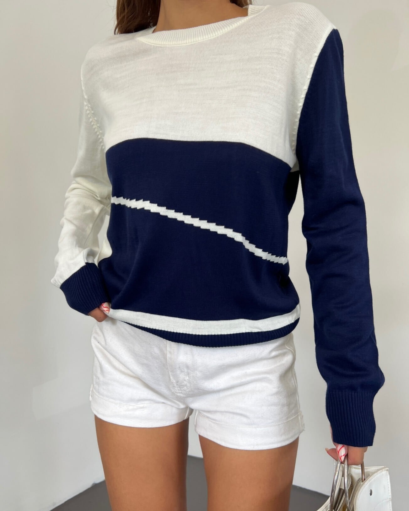 Color-Block Crew Neck Knit Sweater - Navy Blue - Podyumplus - by Peralane - photo 5