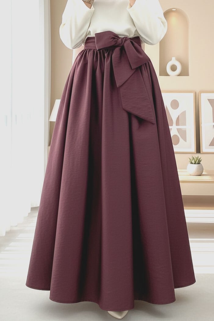 Pleated Waistband Parachute Maxi Skirt - Burgundy - Podyumplus - by Peralane