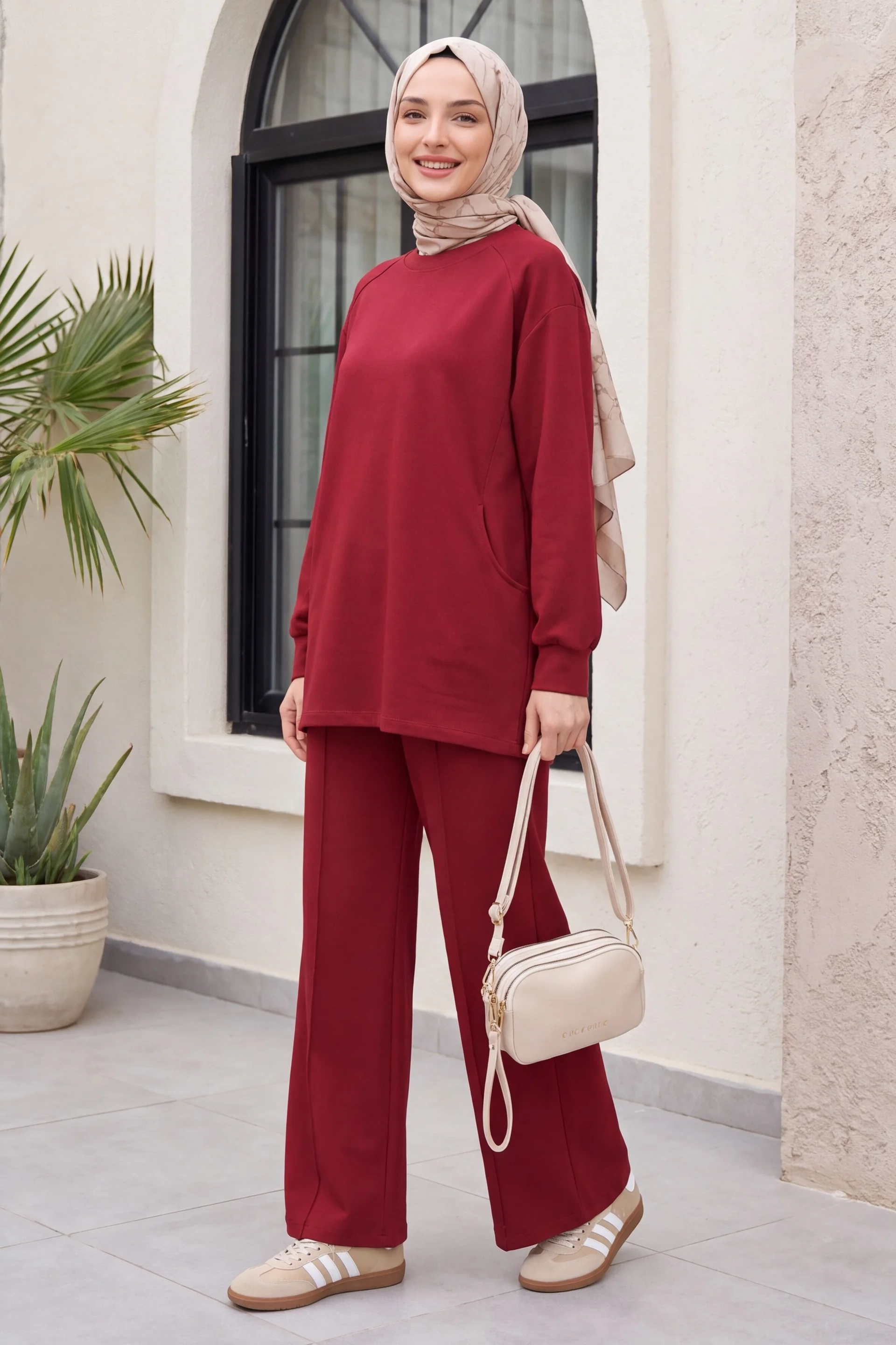 Crew Neck Oversize Cepli Pantolonlu Cotton Jersey Set - Burgundy - Podyumplus - by Peralane - photo 2