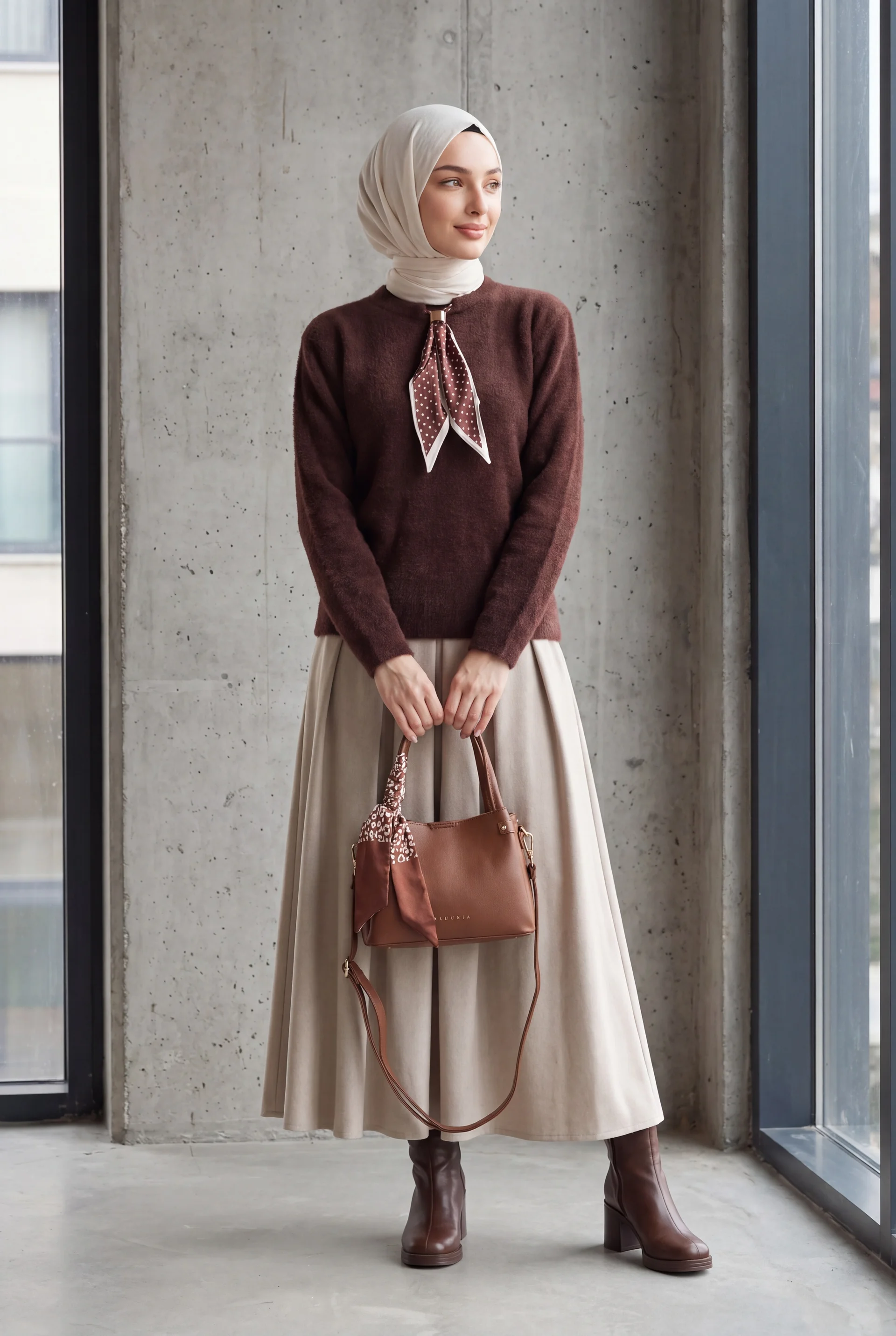 Women's Oversized Sweater with Scarf Detail - Brown - Bigdart - by Peralane