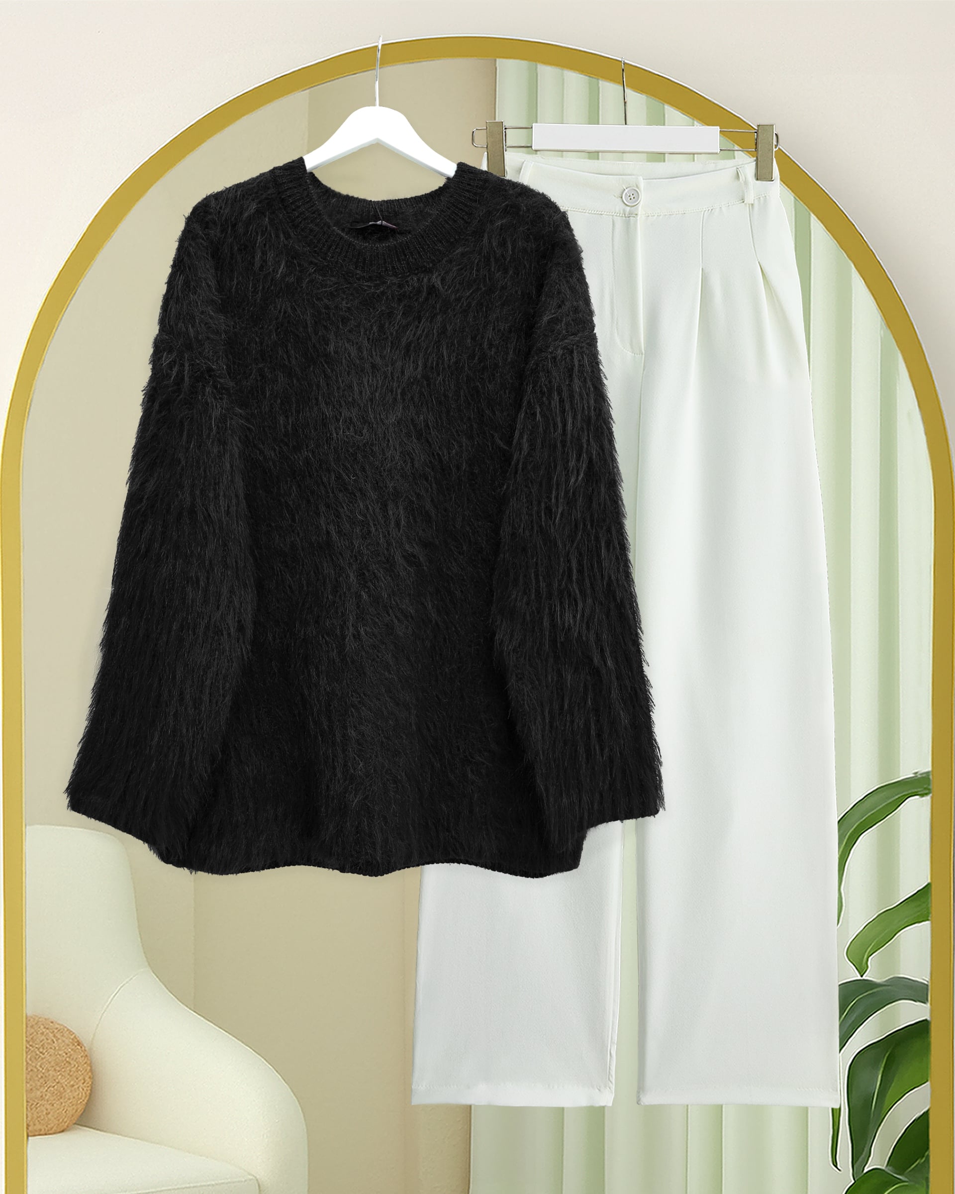 Round Neck Fuzzy Knit Tunic - Black - Podyumplus - by Peralane - photo 5
