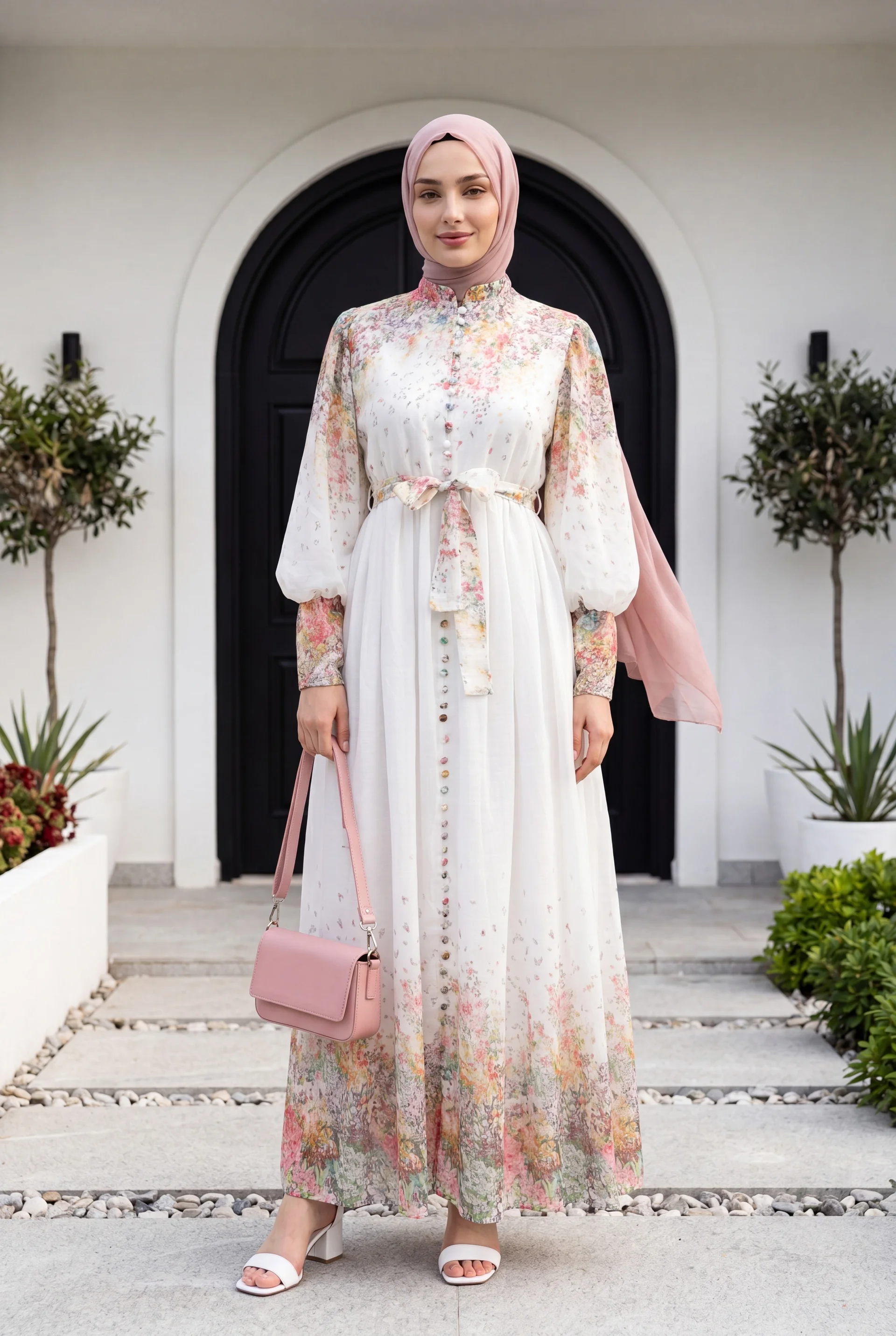 Button Detail Floral Belted Policoton Dress - Ecru - Podyumplus - by Peralane - photo 6