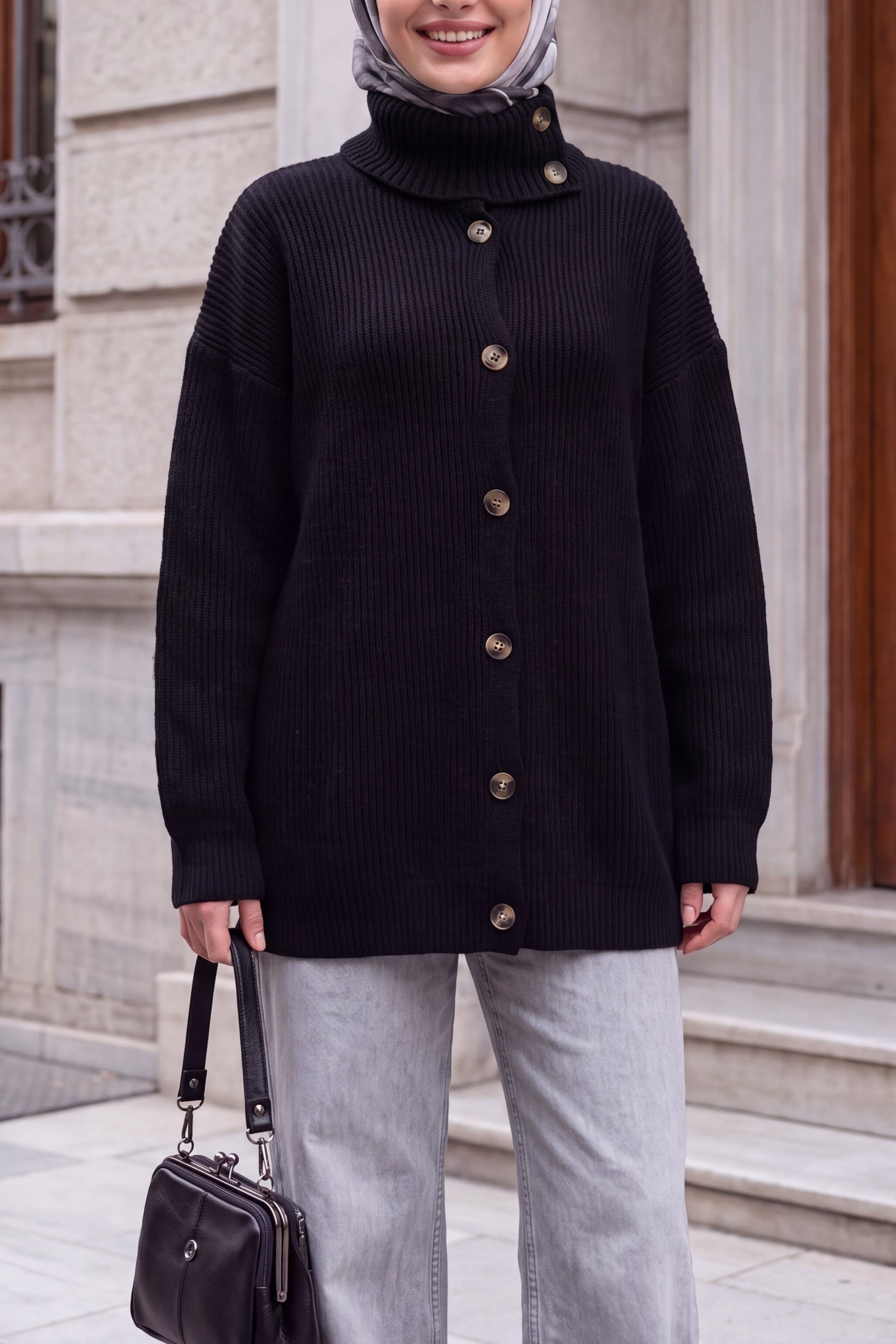 Half-Collar Button-Front Casual Knit Cardigan - Black - Podyumplus - by Peralane