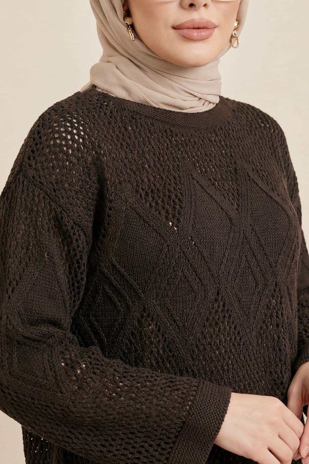 Women's Patterned Open-Knit Sweater in Dark Brown - Podyumplus - by Peralane - photo 3