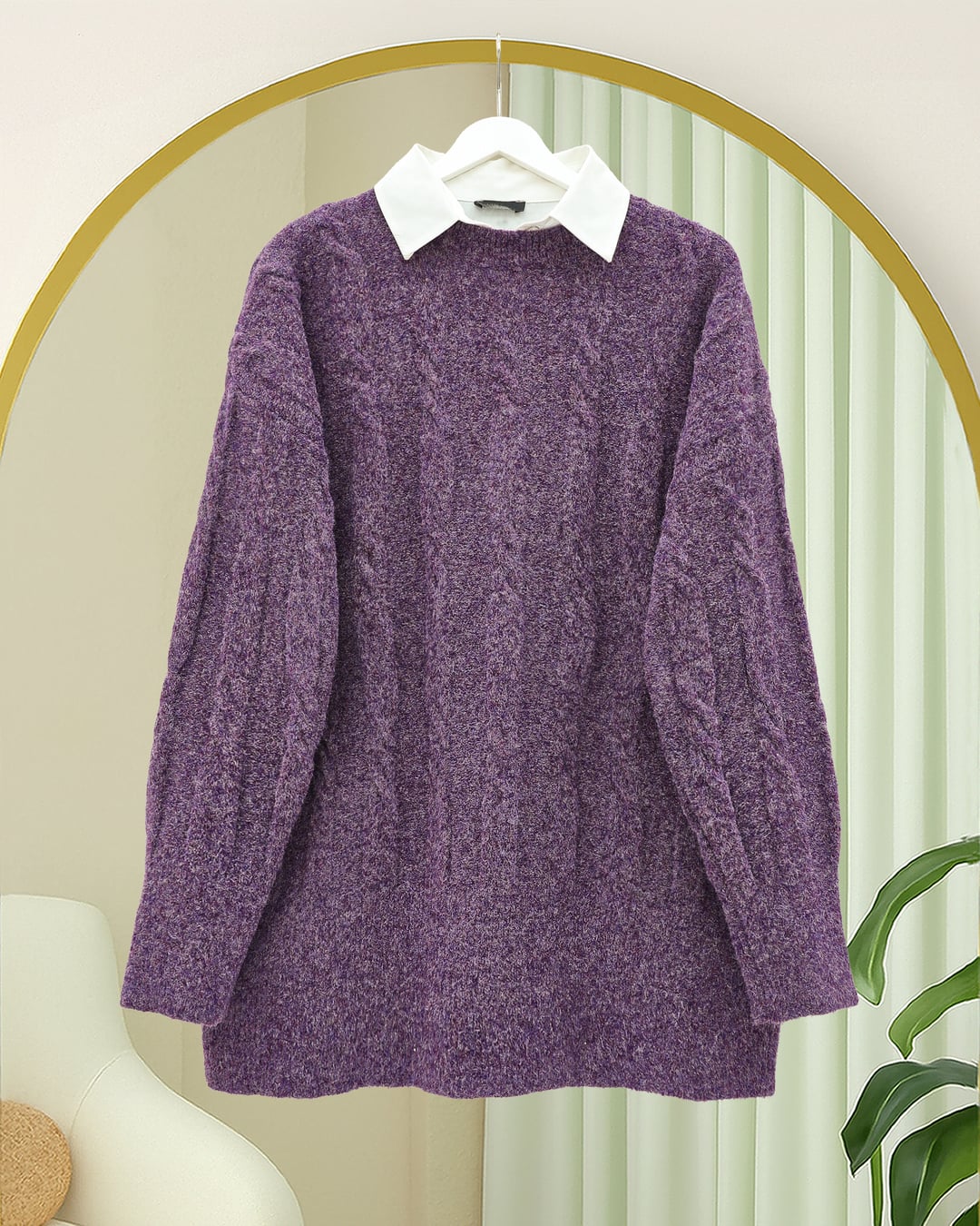 Purple Cable Knit Tunic Sweater with Collar - Podyumplus - by Peralane - photo 3