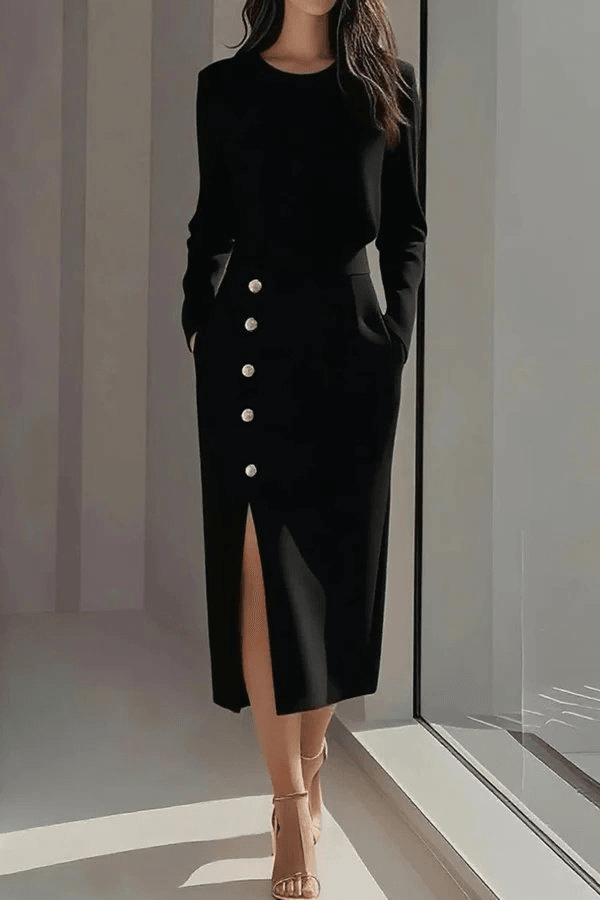 Women's Black Long Sleeve Crew Neck Side Slit Buttoned Midi Crepe Dress - Janes - by Peralane - photo 4