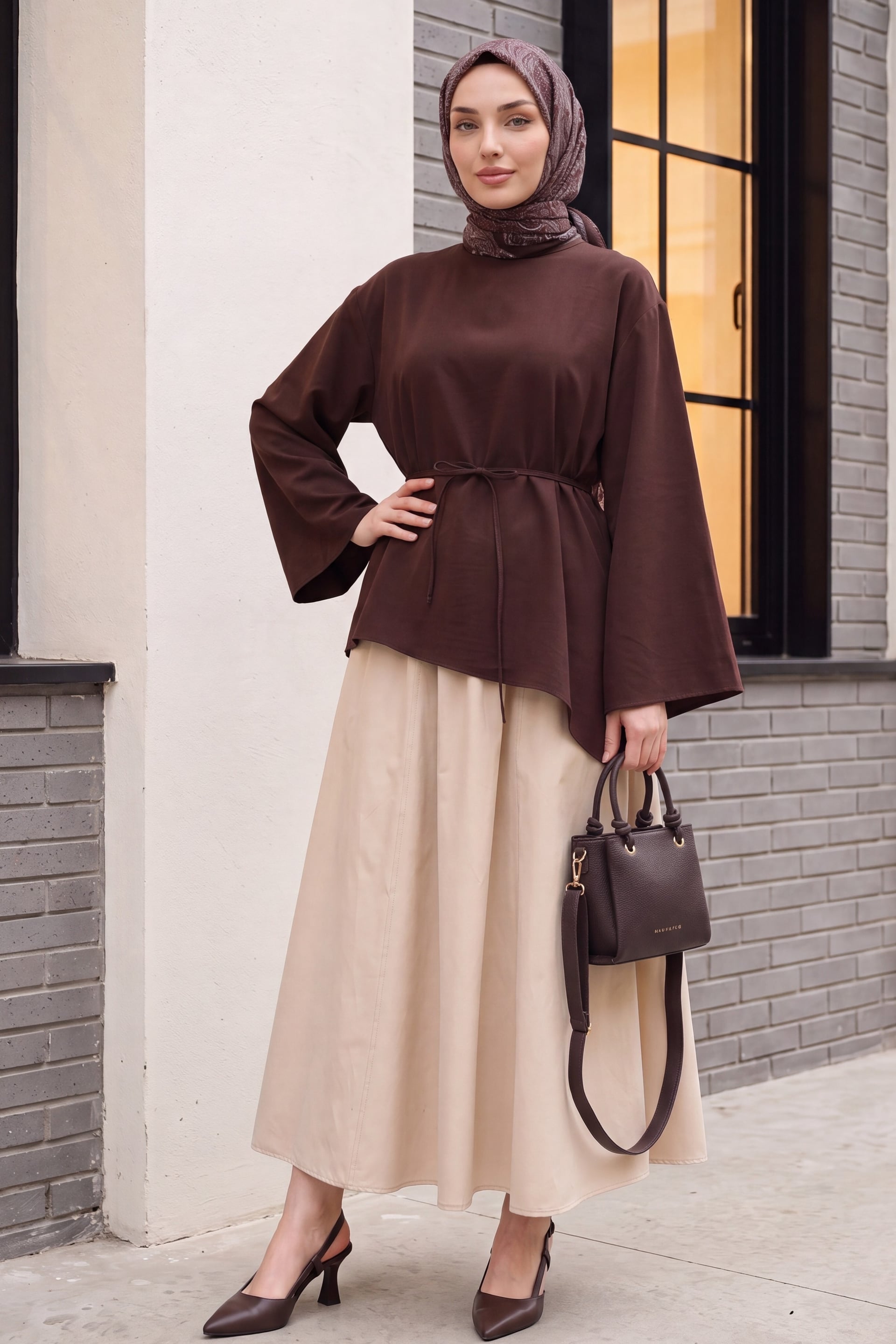 Asymmetric Cut Tie-Belt Oversize Modal Tunic - Dark Brown - Podyumplus - by Peralane - photo 5