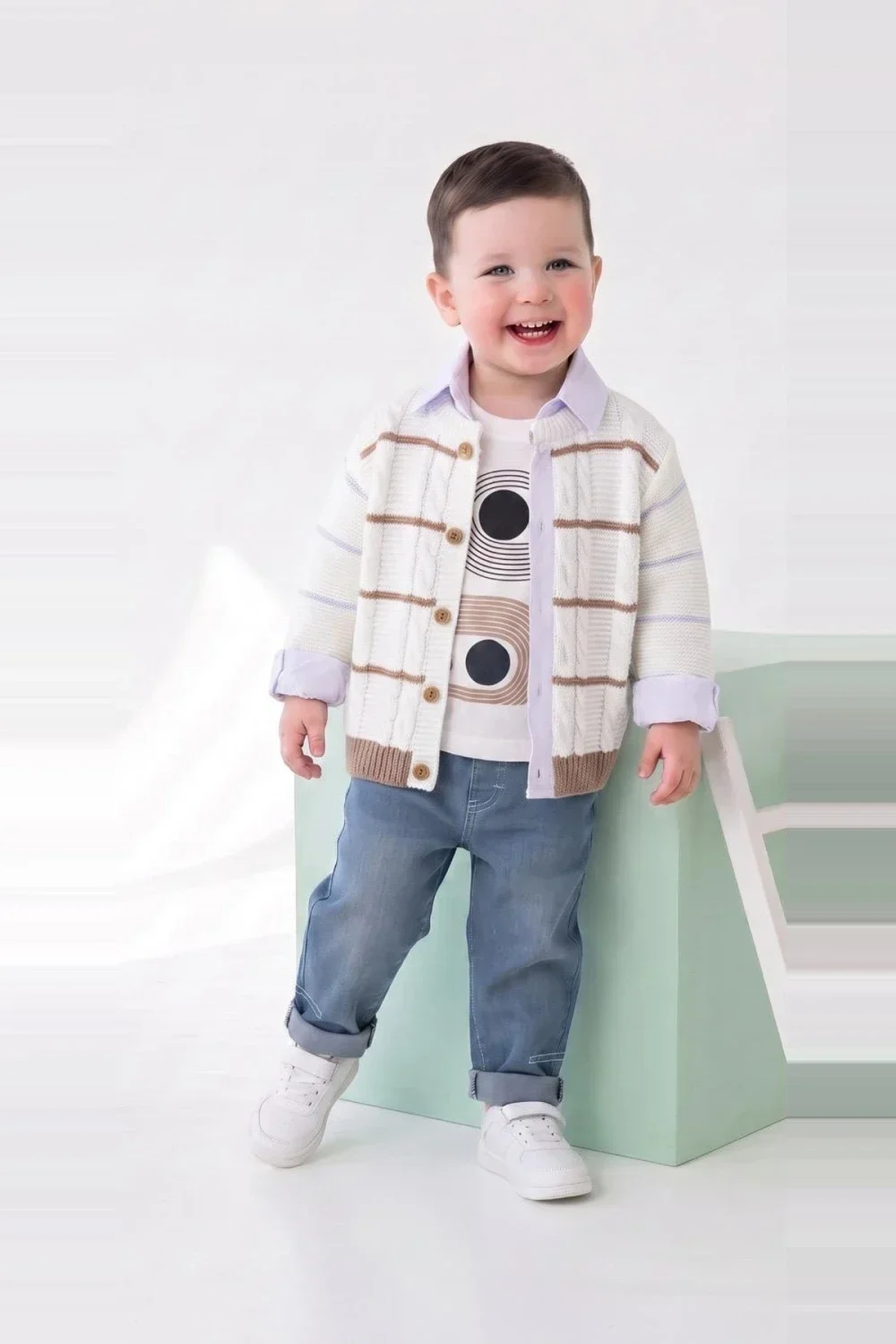 Boys' Striped Cardigan and T-Shirt Set - Beige-Cream - Has Bereket - by Peralane