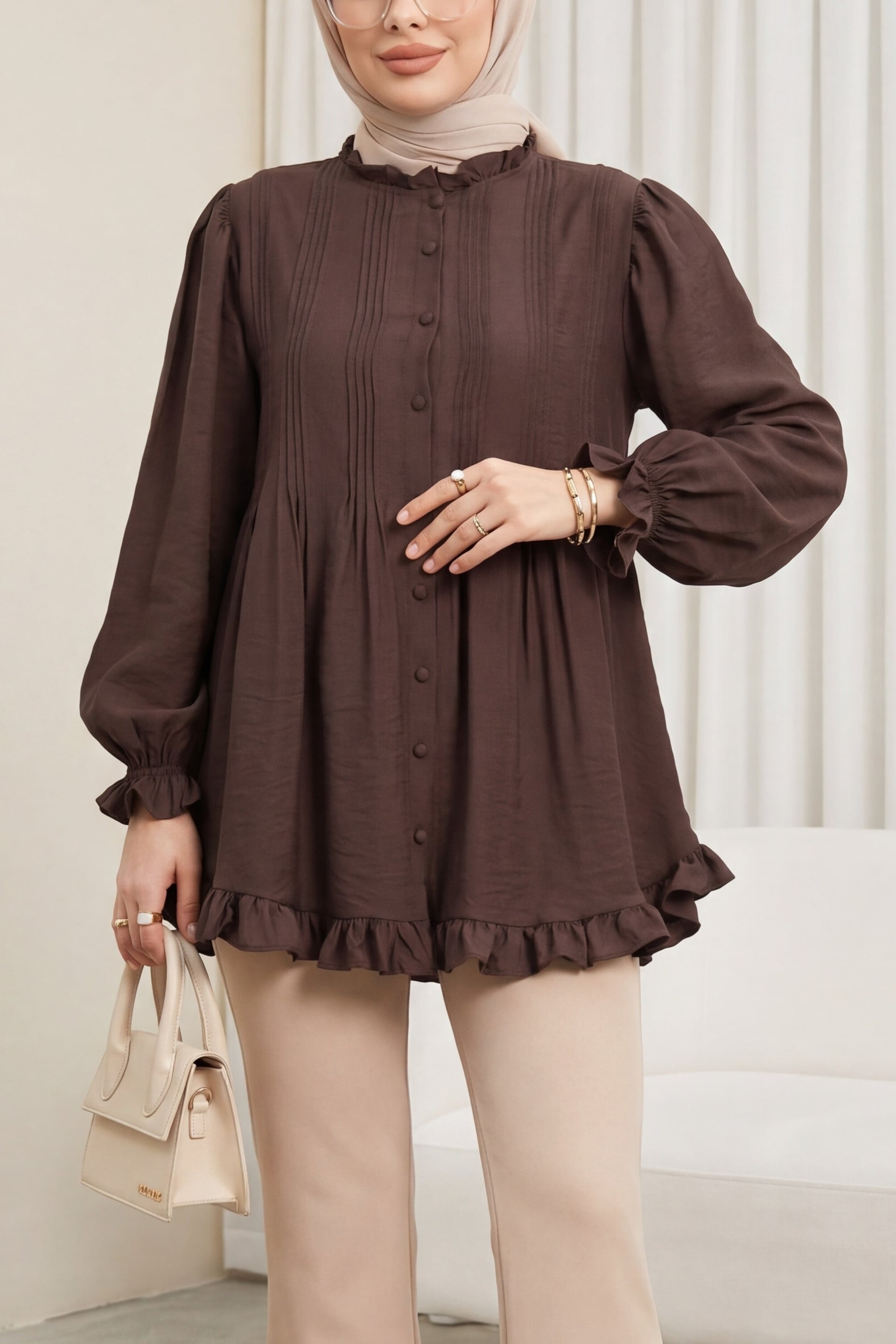 Ruffled Sleeve Lace-Up Ribbed Cupro Tunic - Dark Brown - Podyumplus - by Peralane