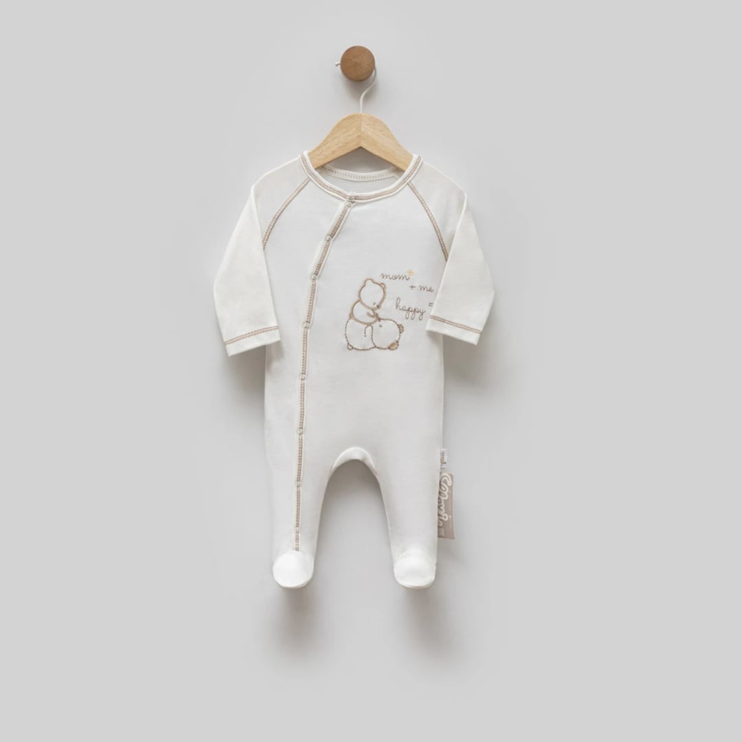 Baby Romper with Feet - 3 Pack - Ecru with Bear Embroidery - Flexi Baby - by Peralane