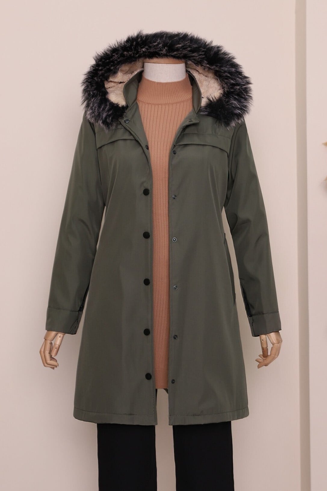 Women's Hooded Snap-Front Short Jacket with Faux Fur Trim - Olive - Podyumplus - by Peralane - photo 3