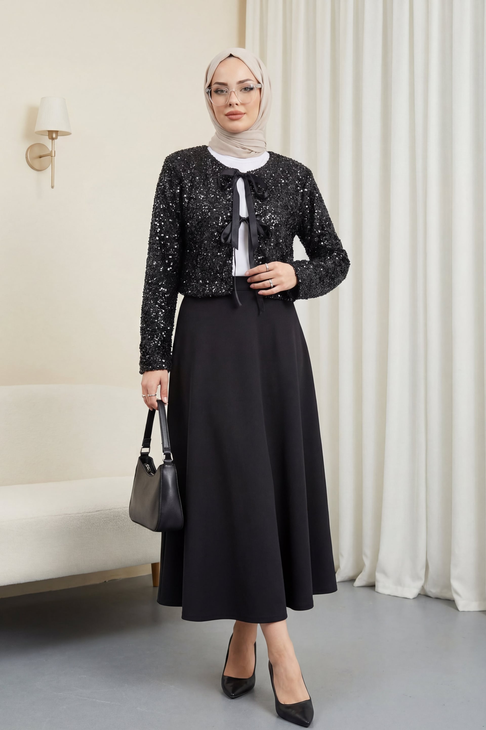 Sequined Jacket and Flared Skirt Suit in Black - Podyumplus - by Peralane