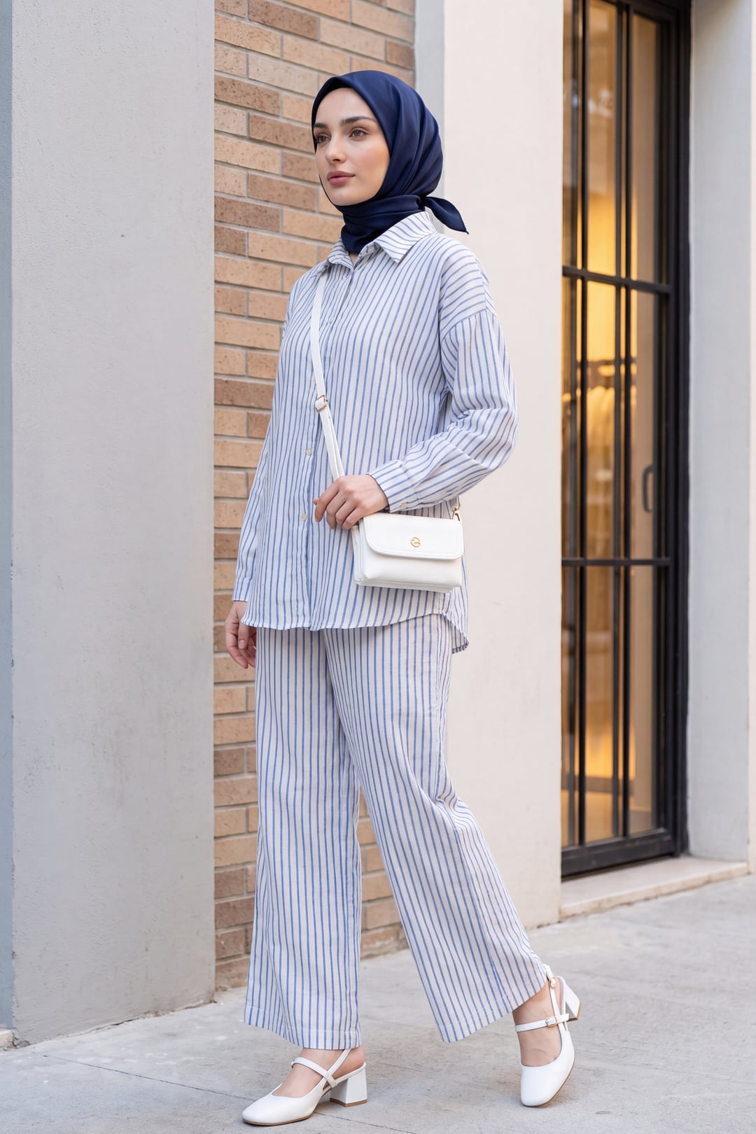 Striped Buttoned Linen Two-Piece Set with Trousers - Blue - Podyumplus - by Peralane - photo 4