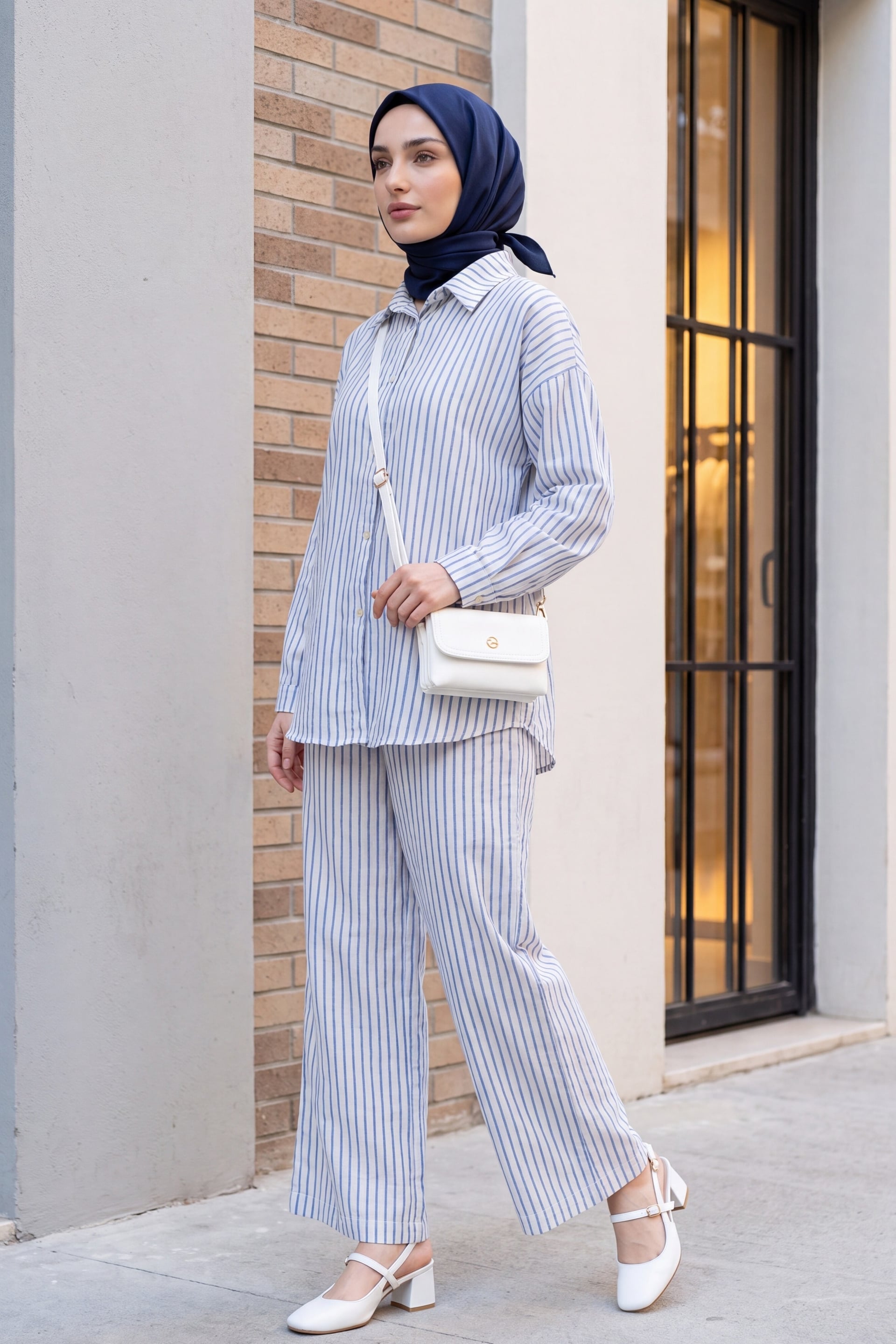 Striped Buttoned Linen Two-Piece Set with Trousers - Blue - Podyumplus - by Peralane - photo 4