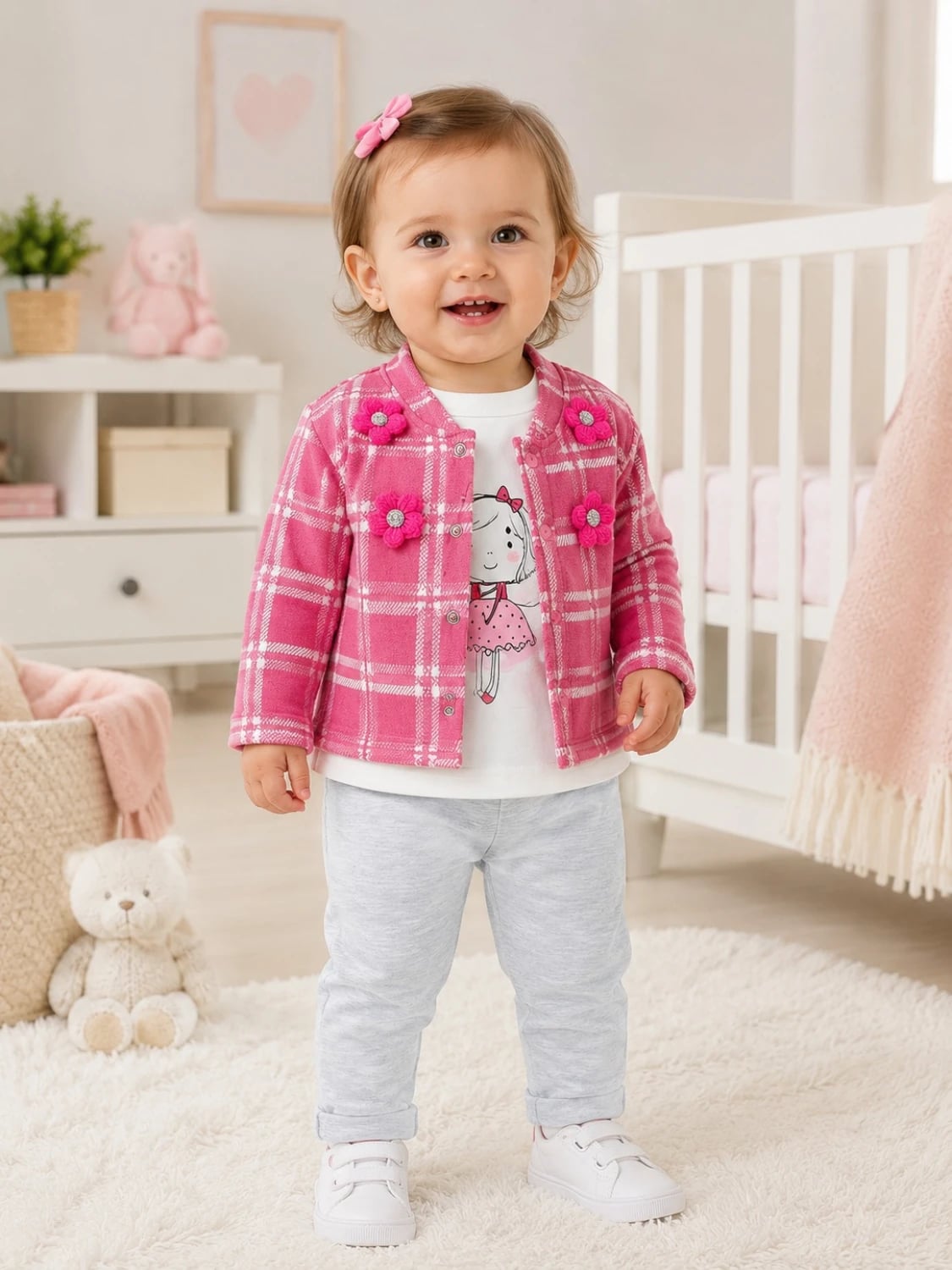 Baby Girls' 3-Piece Cardigan, T-Shirt and Trousers Set - Pink Plaid - Has Bereket - by Peralane