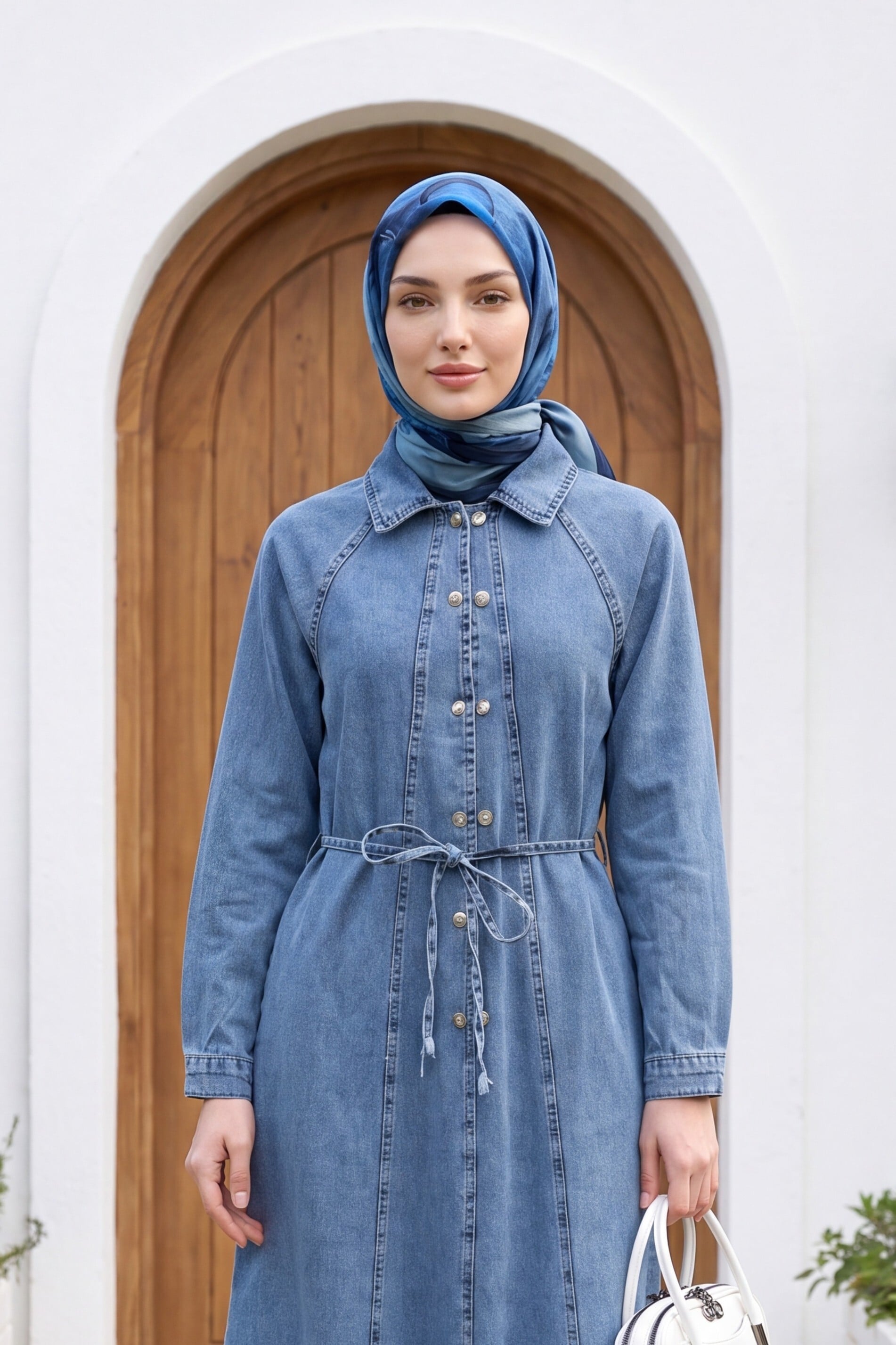 Long Denim Shirt Collar Dress with Belt - Ice Blue - Podyumplus - by Peralane - photo 4