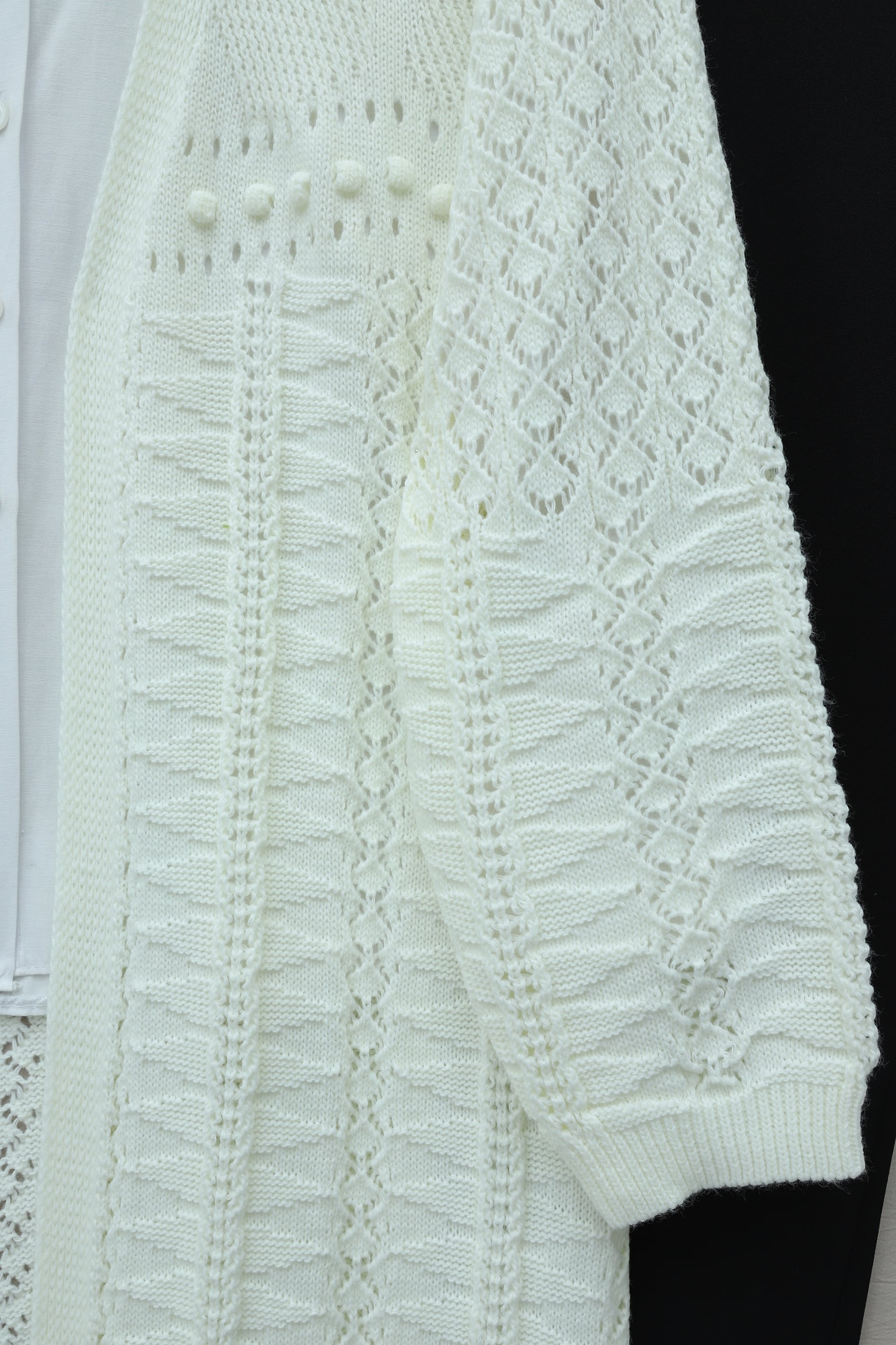 Pom-Pom Mixed Pattern Mid-Length Knitted Cardigan - Ecru - Podyumplus - by Peralane - photo 4