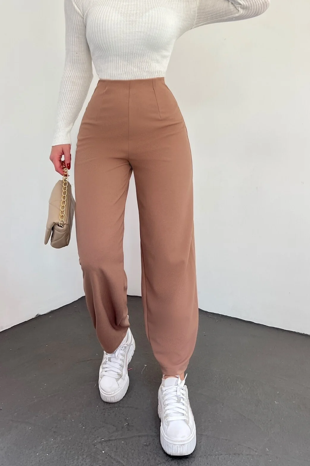 Elastic Waist Wide-Leg Trousers - Taupe - Podyumplus - by Peralane - photo 2