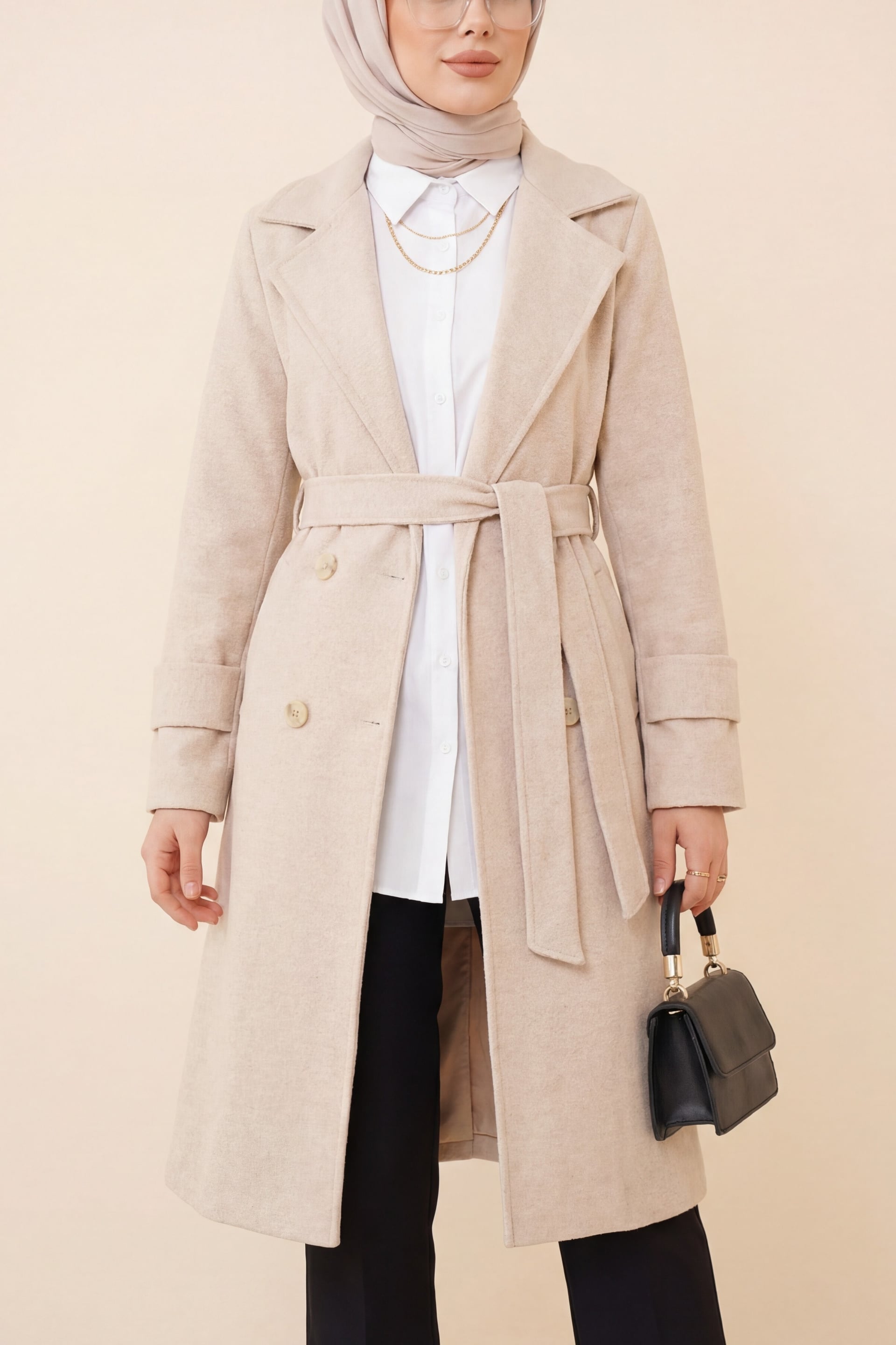 Beige Belted Cashmere Blend Coat with Back Bolero Detail - Podyumplus - by Peralane - photo 2