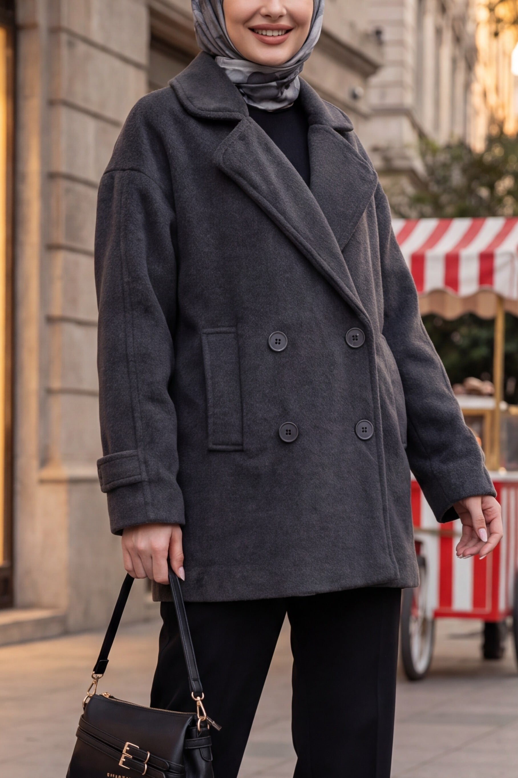 Women's Double-Breasted Wool Blend Coat - Anthracite - Bigdart - by Peralane