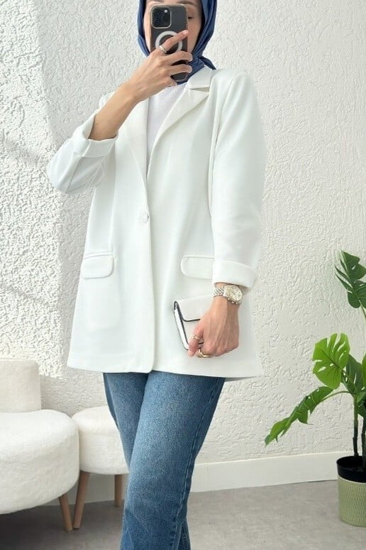 White Single-Button Lycra Jacket with Pockets - Podyumplus - by Peralane - photo 2