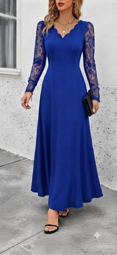 Women's Long Sleeve V-Neck Lace Trimmed Shimmer Crepe Maxi Dress - Janes - by Peralane