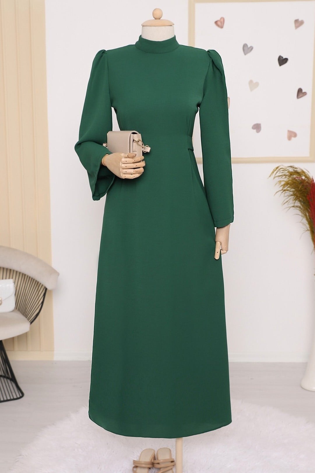 Emerald Green Wrap-Waist Dress with Mandarin Collar - Podyumplus - by Peralane - photo 5
